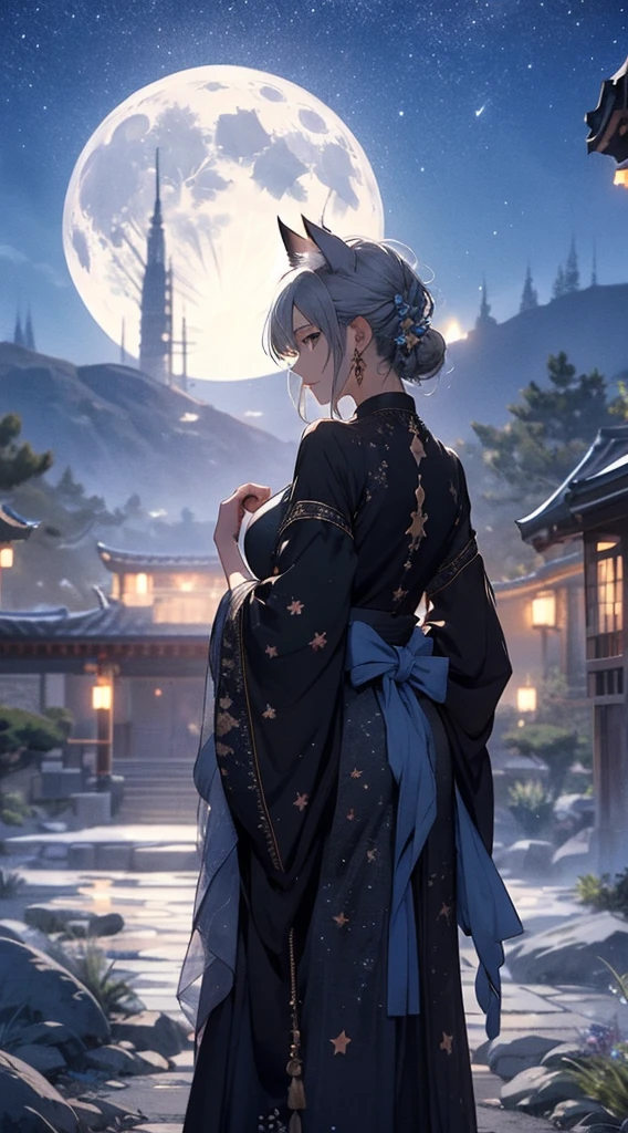 masterpiece, high quality, 4K, Beautiful design, Back view,silhouette，Gray Hair， 非常に詳細な夜のStarry Sky,Flower Field， wonderful, Finer details,  Very knowledgeable woman, Highly detailed solo, 1 female,Cat ear，Big Breasts，Shrine maiden costume，Night view，Starry Sky，full moon，