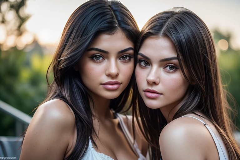 (realistic, photo-realistic:1.37),(8k, RAW photo, best quality, masterpiece:1.2), (2girls:1.1), (wearing cute summer outfits:1.3), cute dark haired Kylie Jenner so close to blonde Elisha Cuthbert, faces close together, lips so close, almost touching, so hot, so sexy, the temptation, (girlfriends, lovers, lesbians:1.4), ultra-detailed, physically-based rendering, ultra high res, kodakvision color, shot on Arricam LT Camera, bokeh, sharp focus, photorealistic, realistic, best quality, extremely detailed face, extremely detailed eyes and face, absurdres, incredibly absurdres, perfect female body, fit body, slender, gorgeous hair