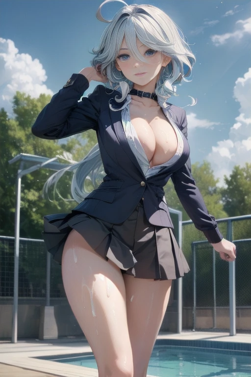 very cute and beautiful girl,tall,(highly detailed beautiful face and eyes:1.2),school uniform, white shirt,loose collar, skirt,(large breast:1.3),breast focus, (You can see the cleavage:1.2),standing,stylish pose,looking at viewer,Thin face,nice face,Clear face,clean face,pool side,distant school building,(long and beautiful legs:1.2) (best quality,masterpiece:1.2),highres,extremely detailed,solo, hair fluttering in the wind,beautiful detailed sky,(realistic),perfect hands,(many cum on body:1.2),Furina,sexy