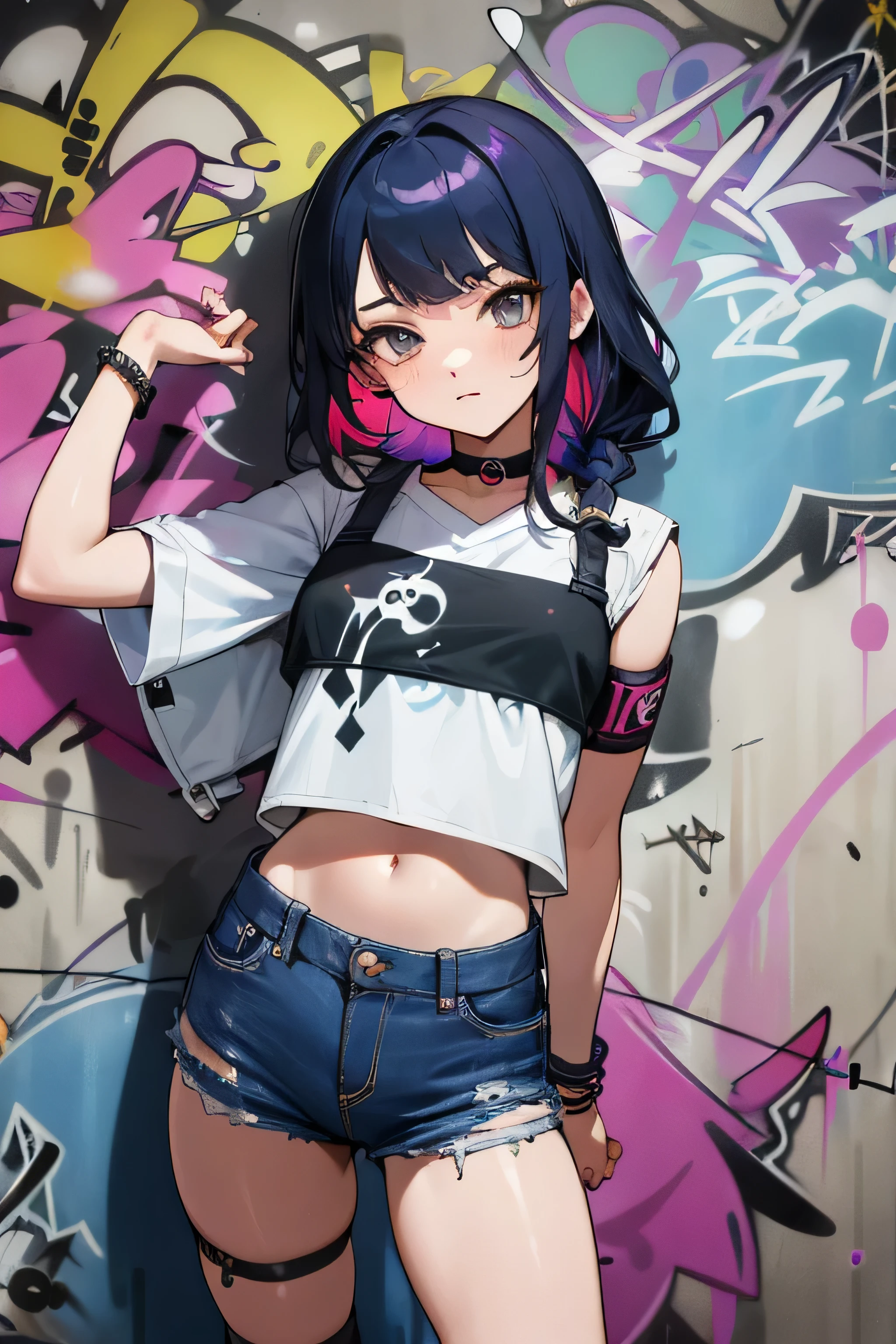 Kujou Sara Genshin Effect, masterpiece, highest quality, One girl, only, Crop top, Shorts Jeans, choker, (graffiti:1.5), Splashes of color, Put your arms behind your back, Against the wall, Looking at the audience, bracelet, Thigh straps, Tilt your head, boredom, Multicolored Hair, Watery eye, headset,