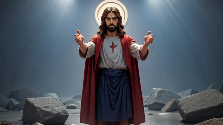 jesus christ standing with outstretched hand pointed at viewer, showing a serious expression and worried complexion, super realistic, 8k
