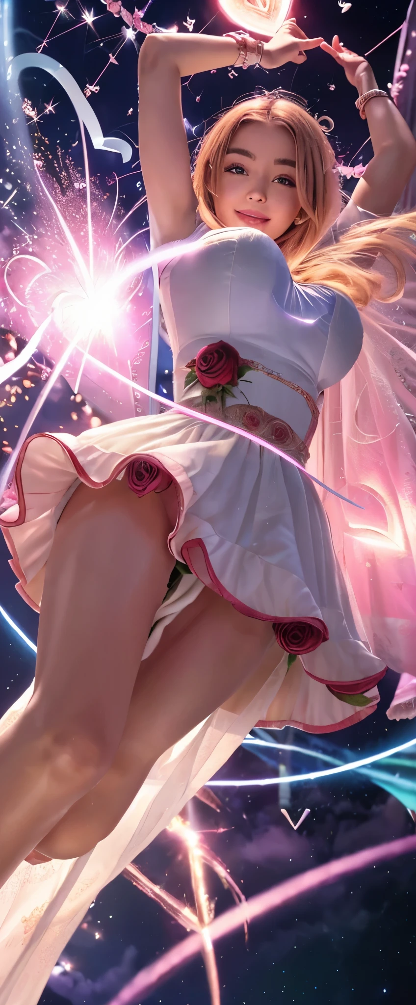 obra de arte、estar familiarizado com、16K、pele brilhante、1 garota、(Magical girl flying in the night sky)、(has a magic wand:1.3)、universo explodindo、seios grandes、bunda grande、(foco na coxa)、loiro longo rosa、rabo de cavalo、olhos castanhos、(Very familiar with eyes and face)、Precisely drawn face、(vestido rosa e branco complexo)、Vestidos de camada、super mini-saia、botas de cano alto de couro branco、cores brilhantes e contrastantes、detalhes intrincadamente projetados、Particles of light surround her、(heart shaped rose effect:1.5)、(dynamic pose)、(Sorriso Fantasma)、(open your arms:1.5)、(Sparks dance in the night sky:1.3)、(vista de baixo)、