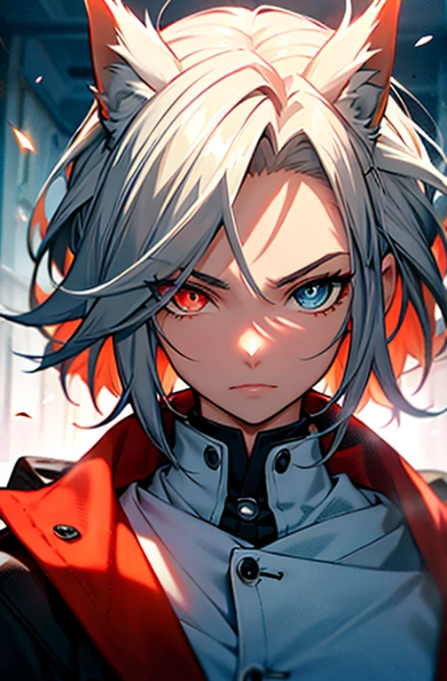 (Absurd, High resolution, Very detailed), masterpiece, highest quality, Light and Shadow, pure white wolf、silverwolf,beast,Wolf Ears,male, Detailed face, Fine grain,Thin chest,Black Shirt,Fire particles stick to your face,A spell was cast on your eyes、A magic spell that gives the pupils a devilish red flame., Clear Eyes, Noble son,prince,anime,Shooting from below,White wolf anthropomorphic,good looking,Young adolescents, Short Hair,Handsome,Wolf Earsのmale, ((Heterochromia, Left eye glows red Left eye glows red,Eye contact, Right eye: clear grey eye,))With devilish eyes, Dreamy Background, kind, Infinite Light, Spectacular sunset background, Octane Rendering, Beautiful Features, Beautiful and detailed eyes, Complex skin, Detailed face, Perfect skin texture, Extreme Detail, Whole-body vision, Cinema Lighting, Professional Lighting, Centered, looking at the camera, 8k, Shot with a Hasselblad X1D-50, Maximum concentration, Depth of written boundary, Perfect lighting, Particles of light, (highest quality), (masterpiece), (Super detailed), Sharp focus, Particles of light,Fire Magic,Sparks fly in my face,silverwolf擬人化,