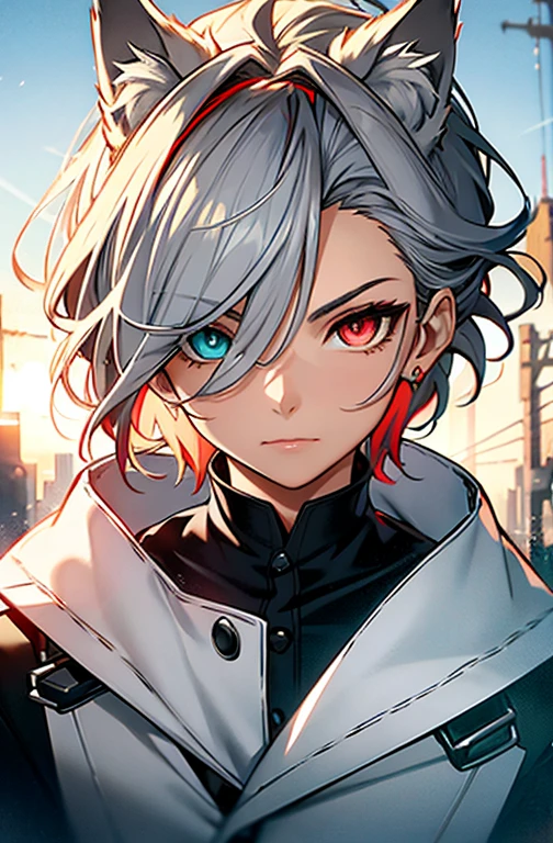 (Absurd, High resolution, Very detailed), masterpiece, highest quality, Light and Shadow, pure white wolf、silverwolf,beast,Wolf Ears,male, Detailed face, Fine grain,Thin chest,Black Shirt,Fire particles stick to your face,A spell was cast on your eyes、A magic spell that gives the pupils a devilish red flame., Clear Eyes, Noble son,prince,anime,Shooting from below,White wolf anthropomorphic,good looking,Young adolescents, Short Hair,Handsome,Wolf Earsのmale, ((Heterochromia, Left eye glows red Left eye glows red,Eye contact, Right eye: clear grey eye,))With devilish eyes, Dreamy Background, kind, Infinite Light, Spectacular sunset background, Octane Rendering, Beautiful Features, Beautiful and detailed eyes, Complex skin, Detailed face, Perfect skin texture, Extreme Detail, Whole-body vision, Cinema Lighting, Professional Lighting, Centered, looking at the camera, 8k, Shot with a Hasselblad X1D-50, Maximum concentration, Depth of written boundary, Perfect lighting, Particles of light, (highest quality), (masterpiece), (Super detailed), Sharp focus, Particles of light,Fire Magic,Sparks fly in my face,silverwolf擬人化,
