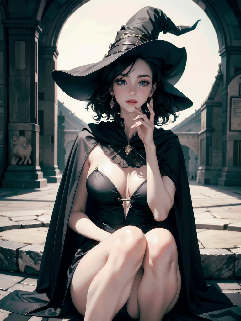absurdres, RAW photo, extremely delicate and beautiful, masterpiece, Best Quality, ultra high resolution, 32k, hyperrealistic, ultra-detailed, detailed description, pale skin, 20 years old, detailed beautiful face and eyes, tearful mole, earring, Colossal tits, short medium hair, wavy hair, full body shot, alone, witch, magic wand, casting a spell, cloak, pointed hat,