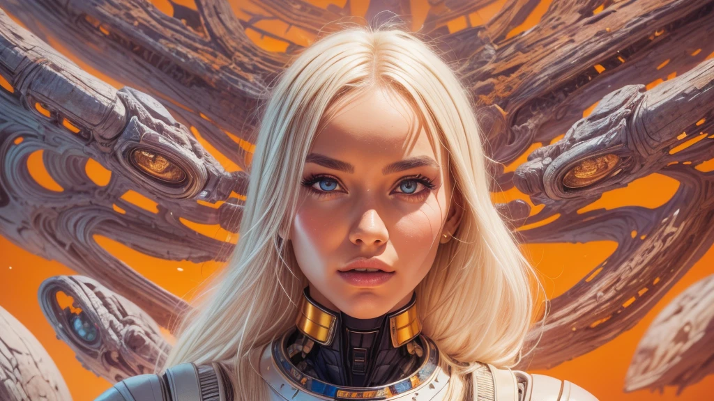 arafed image of a white woman in a futuristic suit with a spaceship in the background, movie art, in front of an orange background, inspired by Robert McGinnis, female protagonist, megastructure in the background, portrait of an ai astronaut, astronauts, an astronaut, portrait of a astronaut skeletor, perfect android girl, Highly Detailed Face and Skin Texture, Detailed Eyes, Double eyelids, perfectly detailed teeth, frank franzzeta and sakimichan  