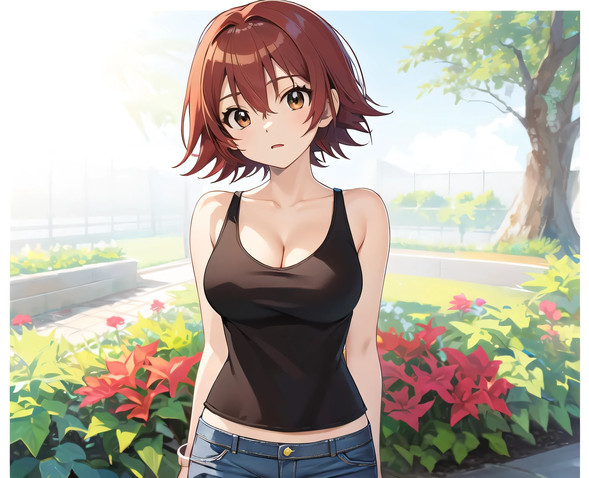 highest quality、masterpiece、High resolution、be familiar with、Perfect Anatomy、Anime Girls、solo、Close your mouth、Big Breasts、girl with big breasts、cleavage、Black tank top、((middle School girls, ************))、Skin tight tank top、collarbone、Denim shorts、garden、 Are standing、Red hair、Short Hair、Brown eyes、