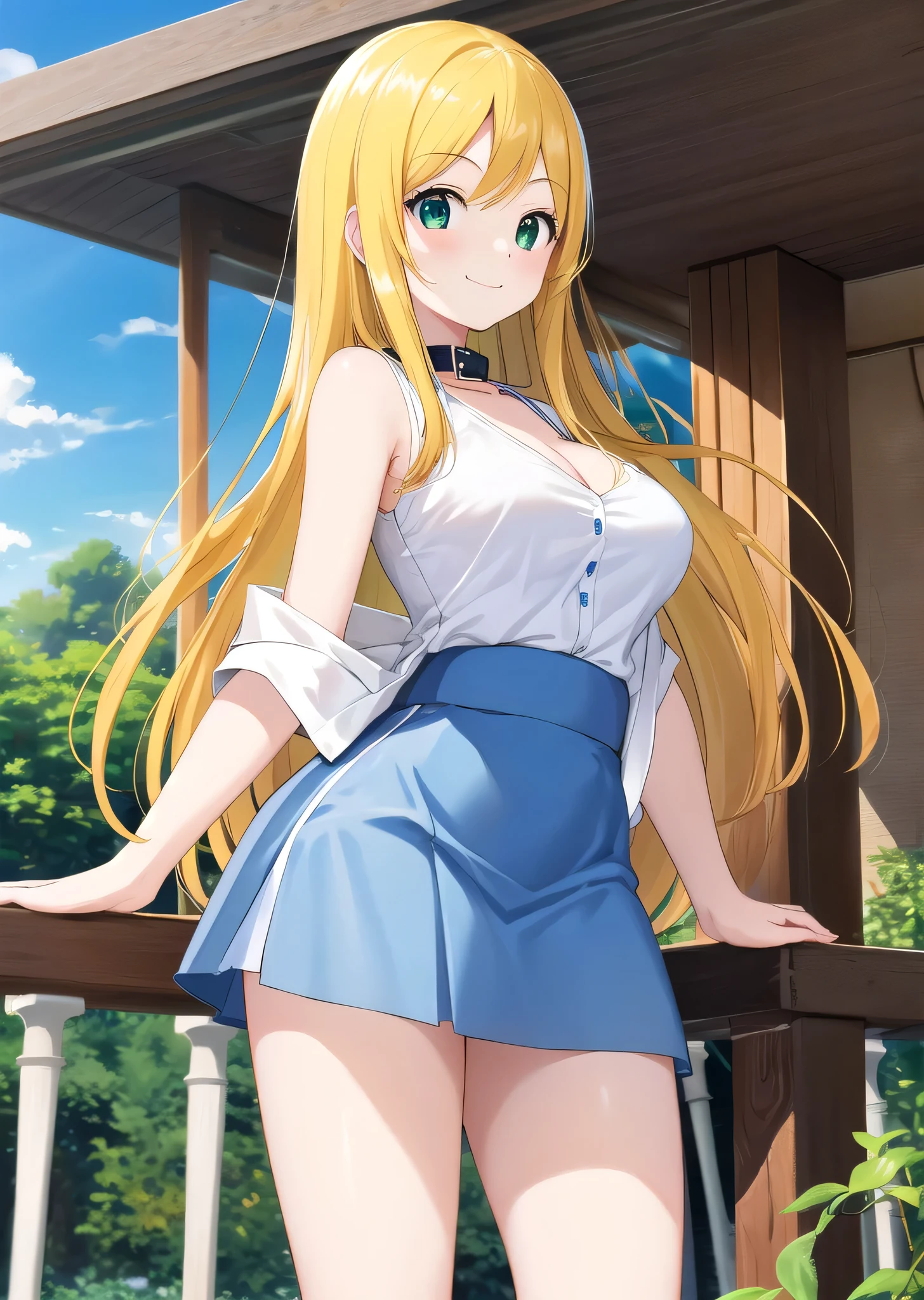 highest quality、masterpiece、High resolution、be familiar with、Perfect Anatomy、Anime Girls、solo、Blue Vest、(( girls, 14 years old)se、garden、smile、Long Hair、Blonde、Green Eyes、Are standing、Close your mouth、Surprised、Blouse with collar, Big Breasts、girl with big breasts、Blue Skirt、mini skirt、Tight Skirt、