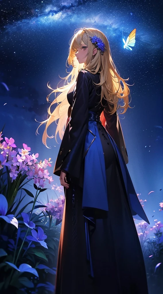 １people々,Blonde long-haired woman，Blue long coat， Dress Silhouette， Rear View，Space Sky, Flower Field，Colorful flowers，Fluttering petals，