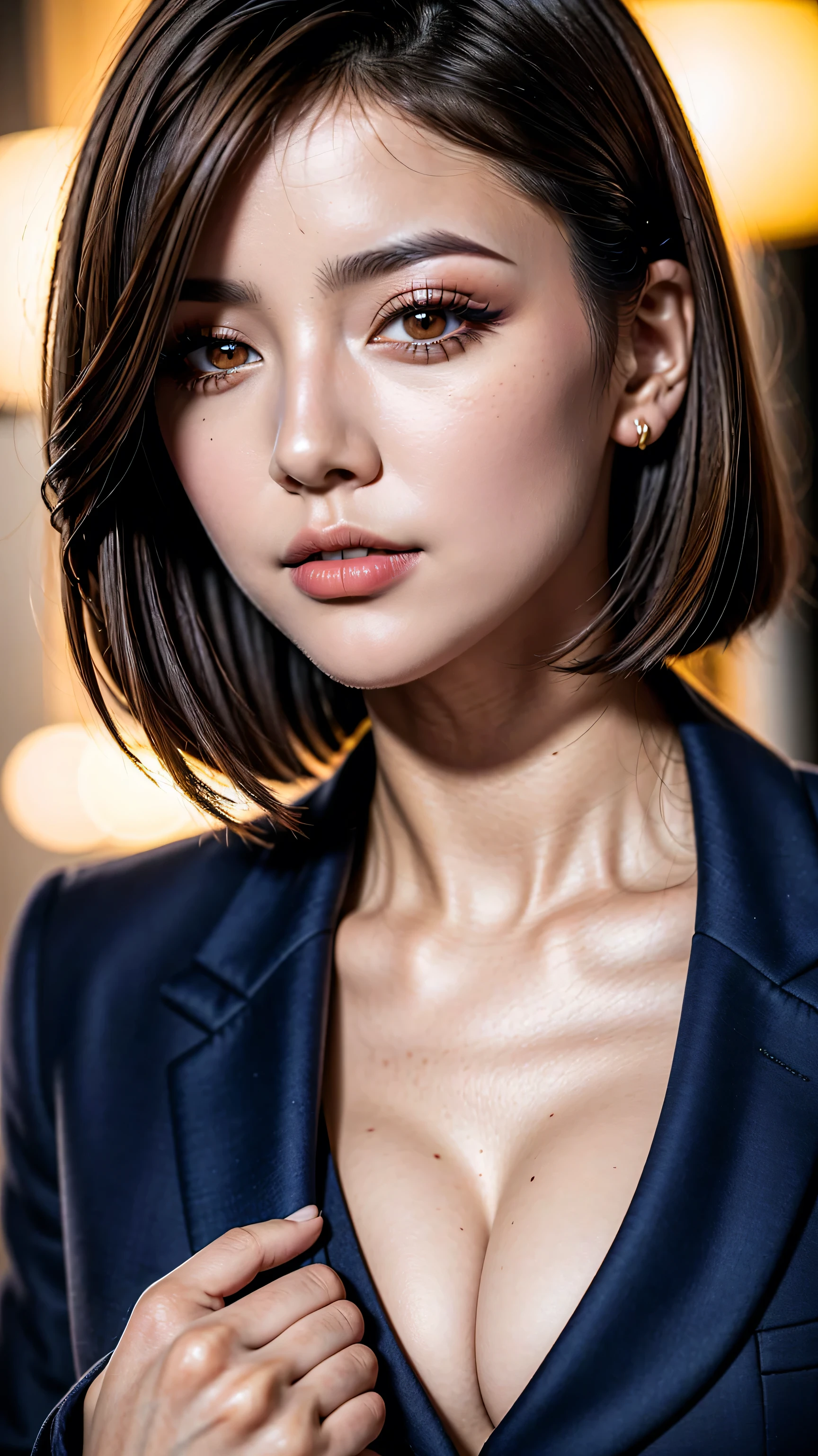 Generated in SFW, (1 Female:1.37), ((extremely Detailed sharp-portrait:1.2)), (Upper Body Shot), Looking at the viewer, Plump Cheeks, Supermodel, 17 years old, high school girl, (Ultra realistic), ((photorealistic)), ((Sharp Focus)), (highest resolution), (the most absurd quality), (masterpiece), (Illustration), 32K, (Best Illustration), (Improvement of quality:1.3), (high detailed realistic Super beautiful face), (Highest quality realistic skin texture:1.4), (Perfect Anatomy:1.37), very small head, Very small face, The background is a black wall:1.15, (school uniform:1.11), (Navy blue long sleeve blazer:1.37), (White collared blouse shirt:1.3), (Line pattern tie:1.21), (Navy Check Skirt:1.1), Slim figure, Tight waist, (best highest detailed realistic brown_eyes:1.4), ((super realistic sharp-eyes)), (tired and sleepy and satisfied:0.0), (close up of a woman's eyes), perfect round eyes, finely detailed pupils, Thin lashes, Sharpen your eyebrows, Natural Makeup, [Pink lipstick], (Beautiful Lips:1.33), (Great nose:1.2), (Flat Chest), (Slim lower body), Shiny brown hair, Let your bangs hang long, (Short Hair:1.21), Movie Lighting, ((dark_shot:1.2)),