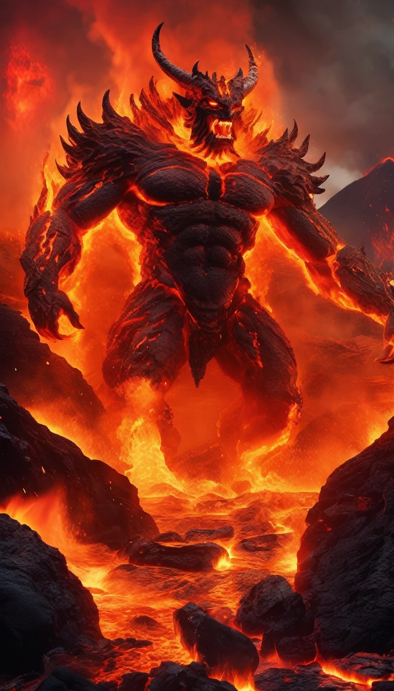 (best quality,absurdres), realistic, 8k, ultra-detailed, face medium close up, huge lava demon, demonic face, glowing eyes, horns, dangerous look, immersed in lava, swimming in lava, body immersed in hot lava fire element, lava pouring out of his hands creating new rivers of lava, the demon advances sowing destruction, body made of rocks and lava, in far background great vulcano