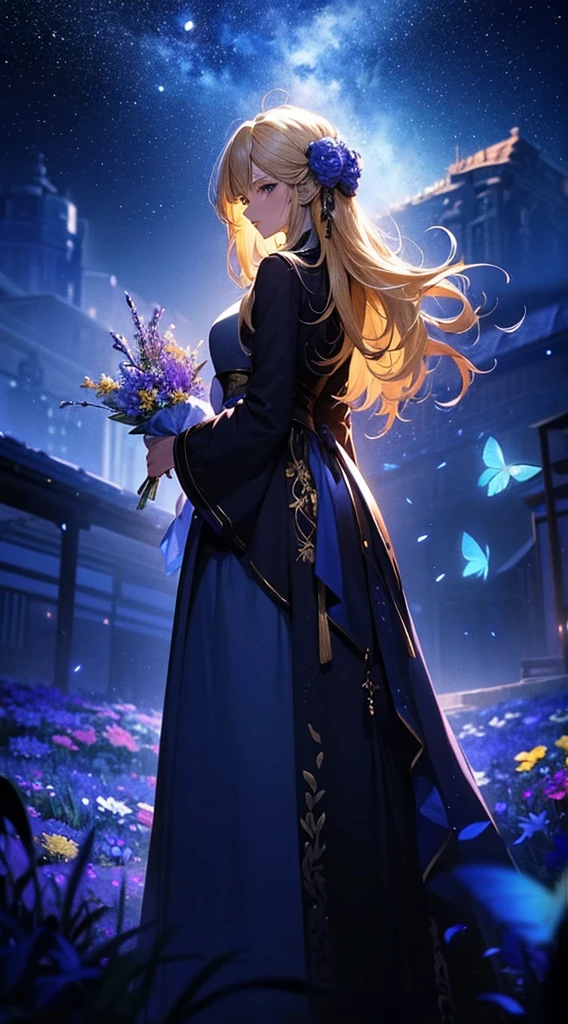 １people々,Blonde long-haired woman，Blue long coat， Dress Silhouette， Rear View，Space Sky, Flower Field，Colorful flowers，Fluttering petals，