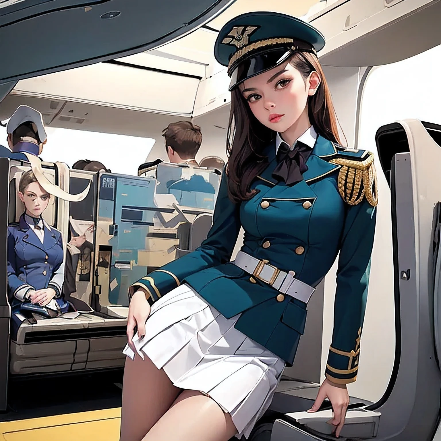 superflat, flat shading, flat colors, (masterpiece:1.2, best quality), a superb young woman, dressed as a sexy air hostess, (white military outfit), pleated skirt, military hat, ((on the plane:1.3))