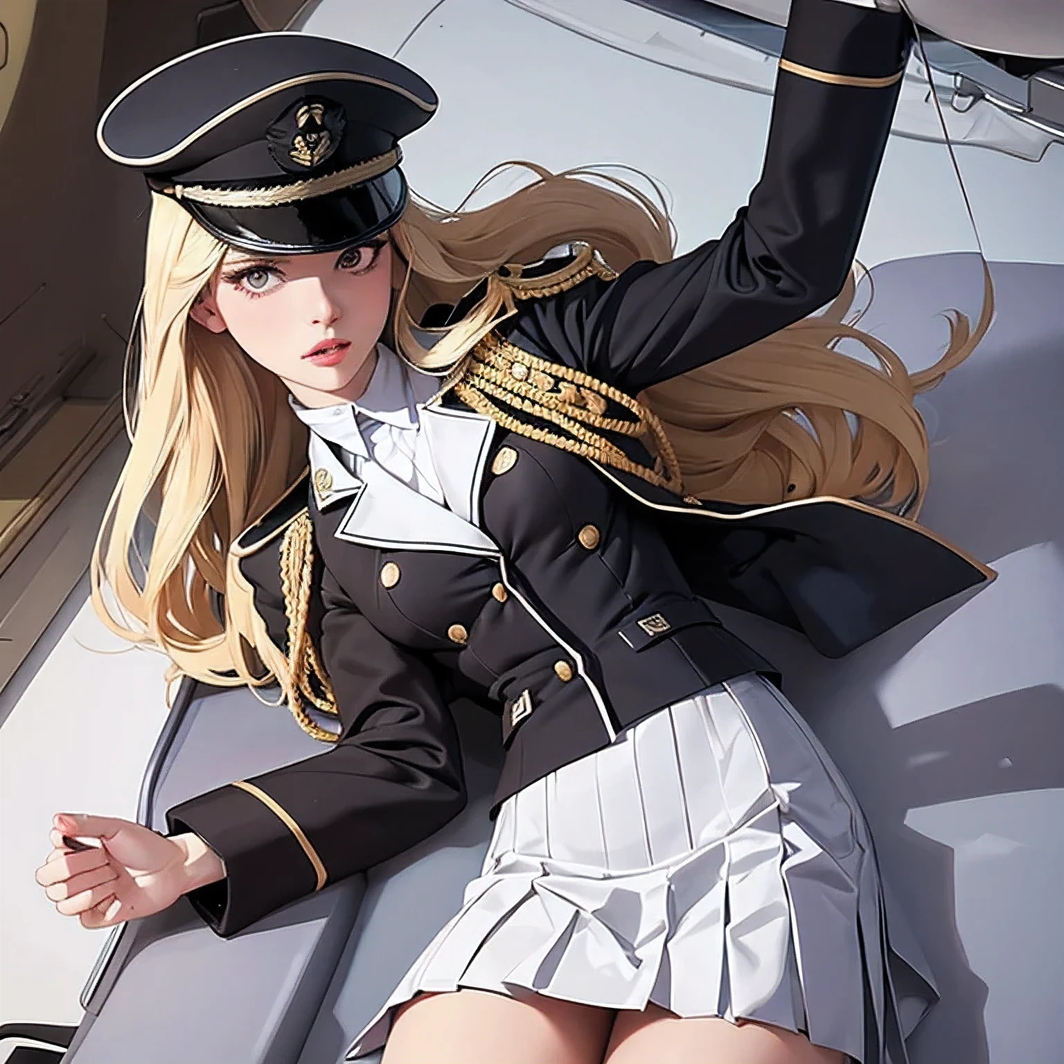 superflat, flat shading, flat colors, (masterpiece:1.2, best quality), a superb young woman, dressed as a sexy air hostess, (white military outfit), pleated skirt, military hat, ((on the plane:1.3))