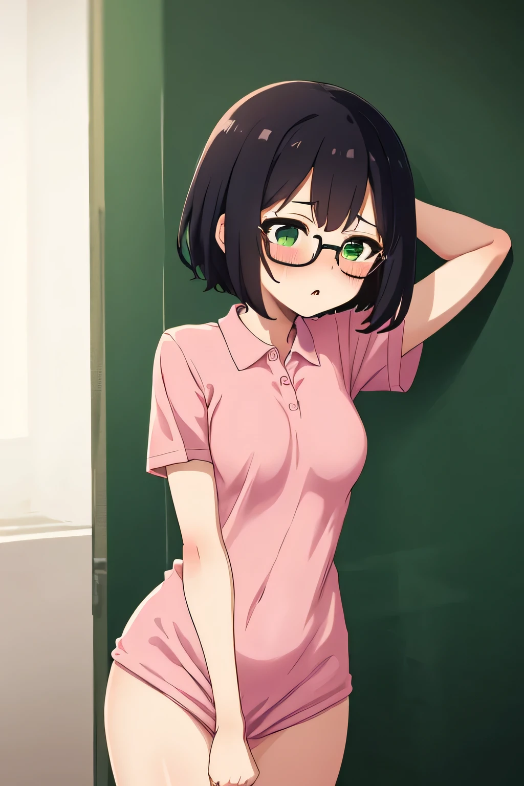 In town,Small breasts that can be rolled up,Black Hair,short hair,Green Eye Glasses,(Pink polo shirt, Short sleeve, naked), (High resolution, high quality:1.1), Intricate details, 1 girl,(blush,Embarrassing)There are a lot of people around