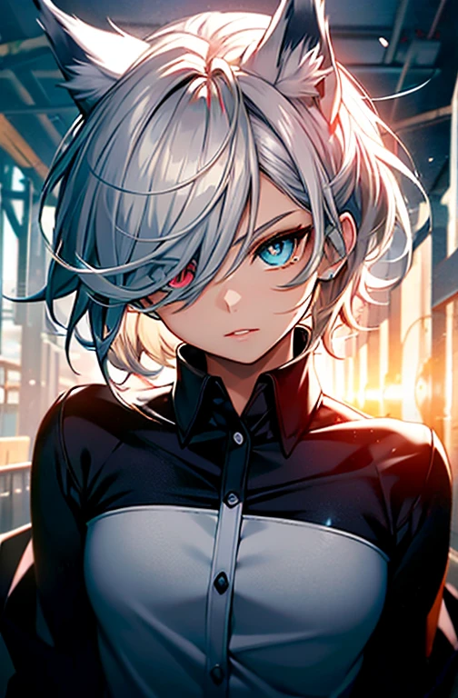(Absurd, High resolution, Very detailed), masterpiece, highest quality, Light and shadow, pure white wolf、silverwolf,beast,Wolf Ears,male,Very short cut hair, Detailed face, Fine grain,Thin chest,Black Shirt,Fire particles stick to your face,Thunder Magic,A spell was cast on your eyes、A magic spell that gives the pupils a devilish red flame., Clear Eyes, Noble son,prince,anime,Shooting from below,White wolf anthropomorphic,good looking,Young adolescents, Short Hair,Handsome,Wolf Earsのmale, ((Heterochromia, Left eye glows red Left eye glows red,Eye contact, Right eye: clear grey eye,))With devilish eyes, Dreamy Background, kind, Infinite Light, Spectacular sunset background, Octane Rendering, Beautiful Features, Beautiful and detailed eyes, Complex skin, Detailed face, Perfect skin texture, Extreme Detail, Whole-body vision, Cinema Lighting, Professional Lighting, Centered, looking at the camera, 8k, Shot with a Hasselblad X1D-50, Maximum concentration, Depth of written boundary, Perfect lighting, Particles of light, (highest quality), (masterpiece), (Super detailed), Sharp focus, Particles of light,Fire Magic,Sparks fly in my face,silverwolf擬人化,