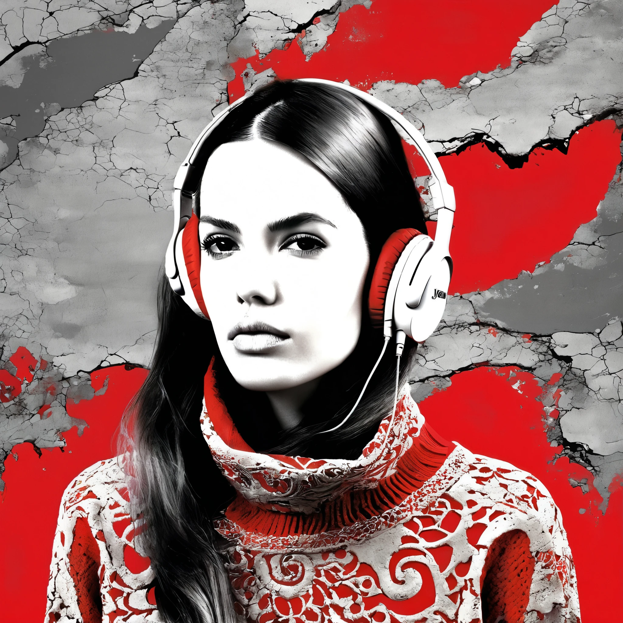 1、Old plaster, (Art by Joana Vasconcelos:1.4) ,Art by Valentine Penrose, photograph, Zoom out from stressed woman, Wearing an ingenious Islamic concrete sweater, Fashion model posing, Medium-Long Hair Styles, Glossy headphones, sketch, shameless, Lunapunk, Flat lighting, Red Theme Background