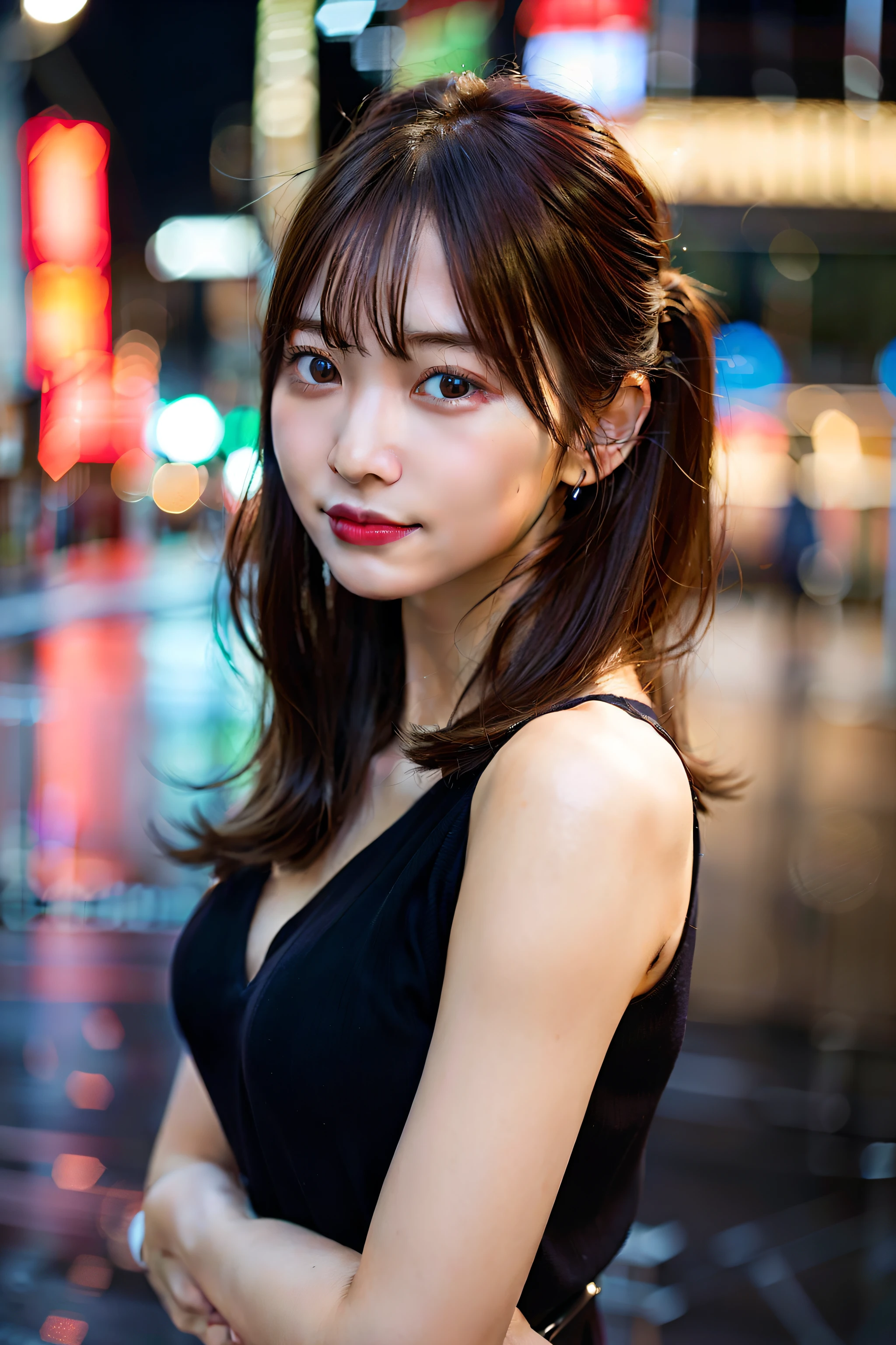 8k, RAW Photos, highest quality, Tabletop:1.2),(Realistic, Photorealistic:1.37),It&#39;s Tokyo Street,night, rain, Wet,Cityscape,night, Cyberpunk City,Soft Light,One Girl,, Very beautiful face,bust,Put your hands down,Random Hairstyles,Random hair color,Random Expressions,Pigsney、Laughter