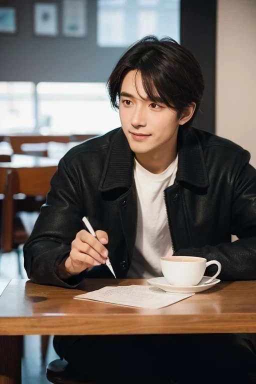 (( A long and straight pen in my hand.))In the cafe，A man in a dark coat concentrating on sketching，His expression was tense and serious.，Holding a pencil in hand，Leave a smile on your lips，The edge of the teacup on the table still has traces of his lips。
