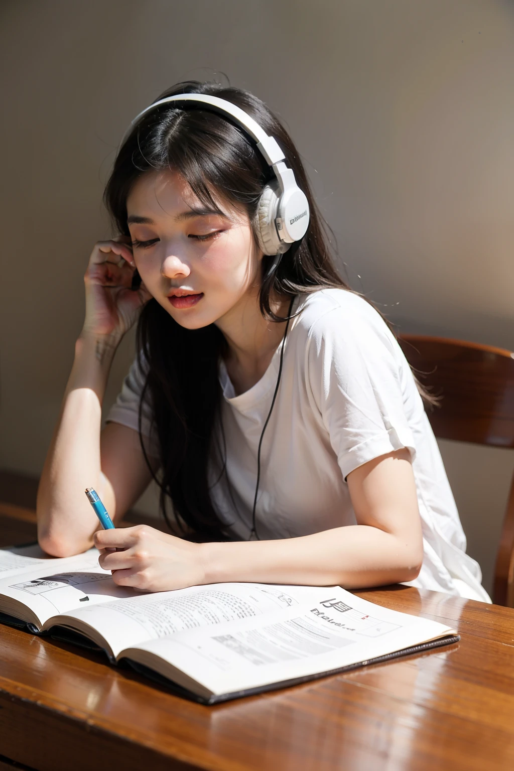 ((best quality)), ((masterpiece)), (detailed), A student doing homework while listening to music with headphones,Dull eyes,There is a banner behind it that says "a bright future ahead"