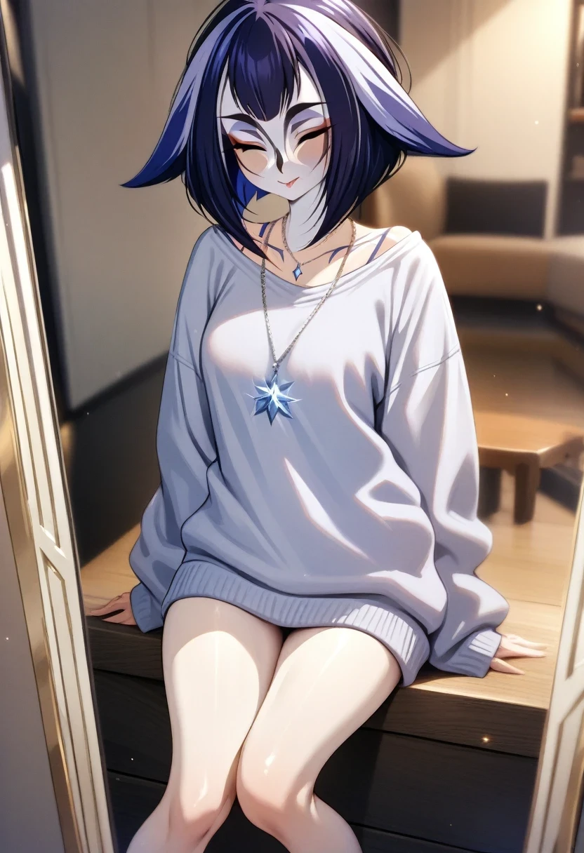 (shylily/(Twich/):1.5),(masterpiece:1.2),(best quality:1.2),A silver necklace that shines like a star,Exquisite makeup and shiny face,Casual, Loose and simple cream sweatshirt,Slim and smooth legs,Is a cute girl
