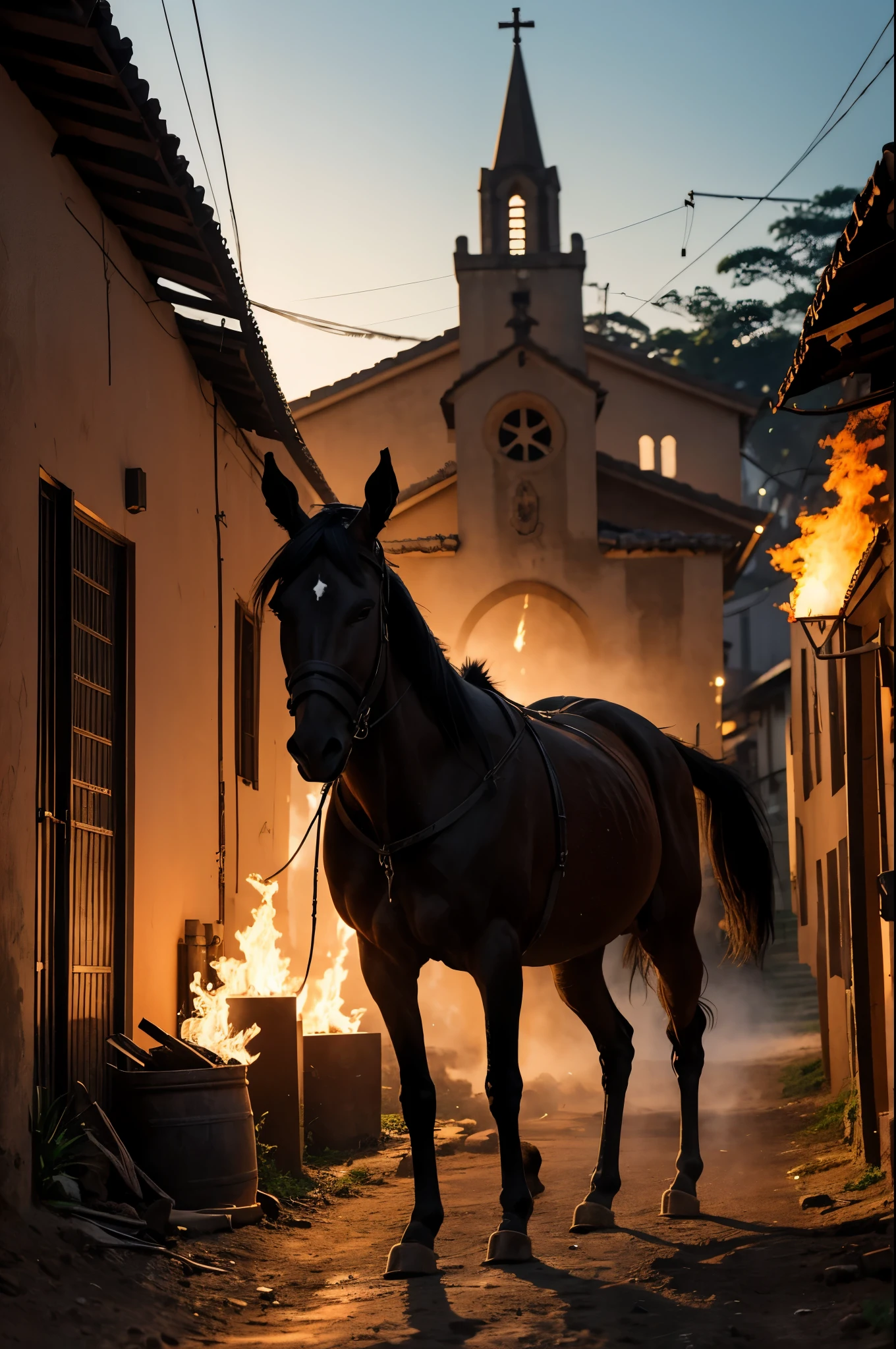 true headless mule animal with a huge flame replacing this limb running down a dirt street with a small church in the background. Night. Brazil