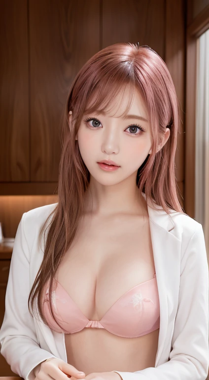 1 female, 22-year-old woman、Pink Hair, Blunt bangs, Hair behind the ear, Hair that falls over the shoulders, Long Hair, Ultra Fine Face, Thin face, Delicate lips, (Beautiful Eyes:1.5), Lightly reddish, eyes are light brown,See this,Sexy pose、 Ultra-fine needle, very thin fingers, The optimal ratio is four fingers to one thumb., office、White long coat、Tabletop、Nipples、First Person View, 8k, whole body 、Super Detail, high quality, 最high quality, High resolution,