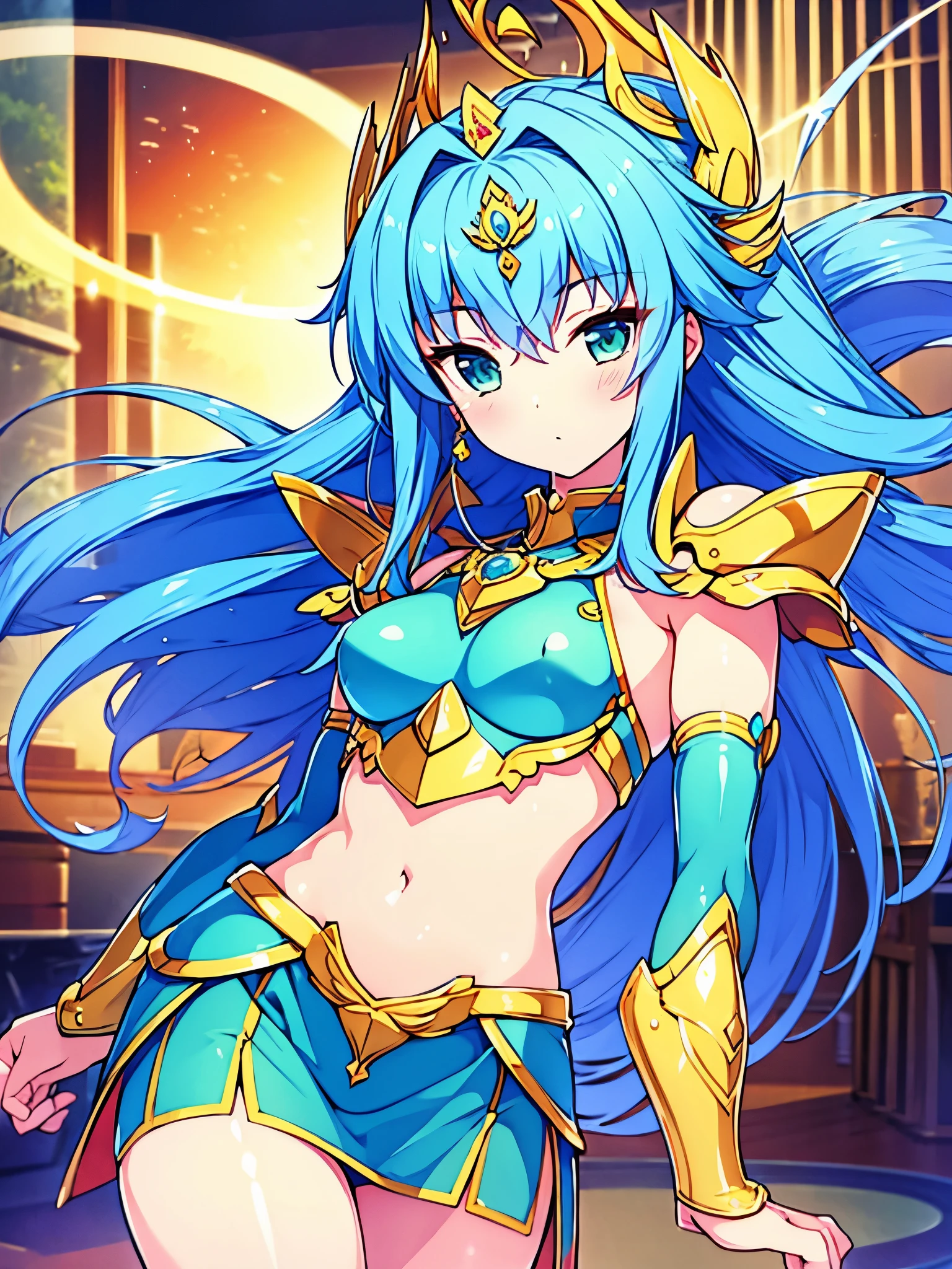 1 girl blue hair green eyes small breasts beautiful great quality excellent perfect anatomy with golden armor Mini skirt saint seiya style Sign of aquarium en habitación
