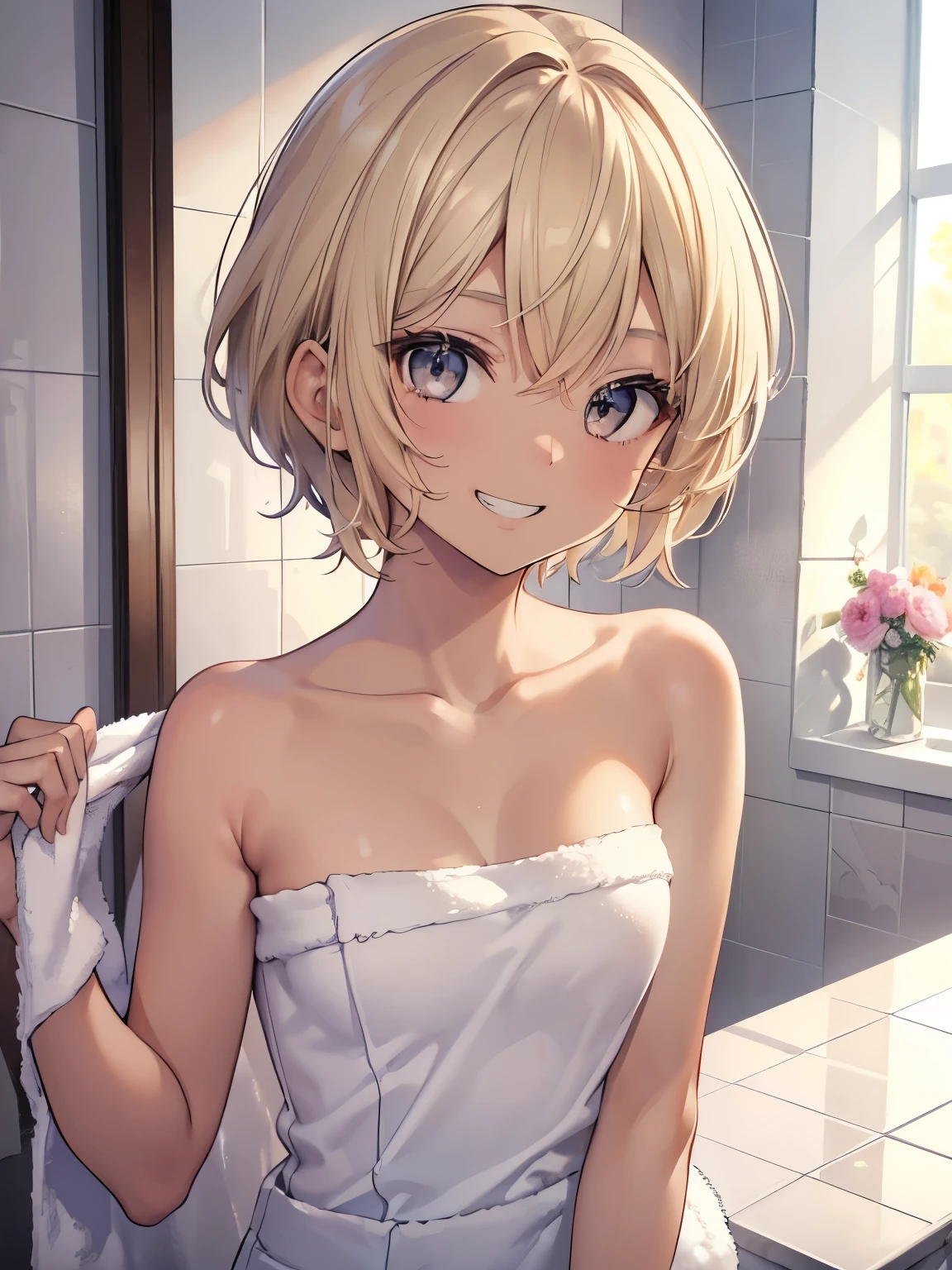 masterpiece, best quality, ultra detailed, ultra high resolution, very detailed face, solo, ((anime)), 20 years old girl, (((naked, topless, white pantie))), ((golden short hair)), (((medium breast))), (six pack abs:1.2), ((little smile)), teeth, standing in the room