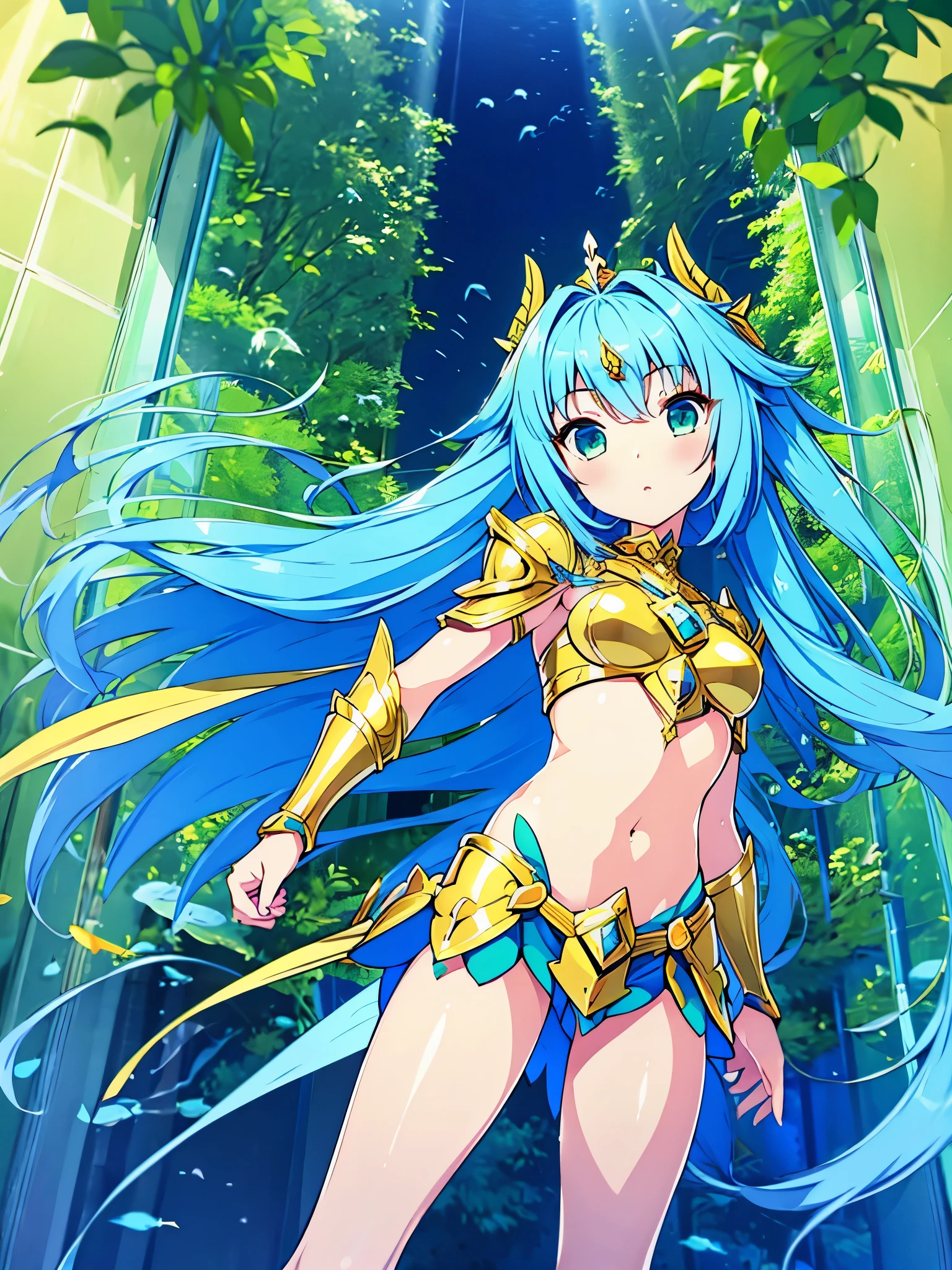 1 girl blue hair green eyes small breasts beautiful great quality excellent perfect anatomy with golden armor Mini skirt saint seiya style Sign of  aquarium en habitación 