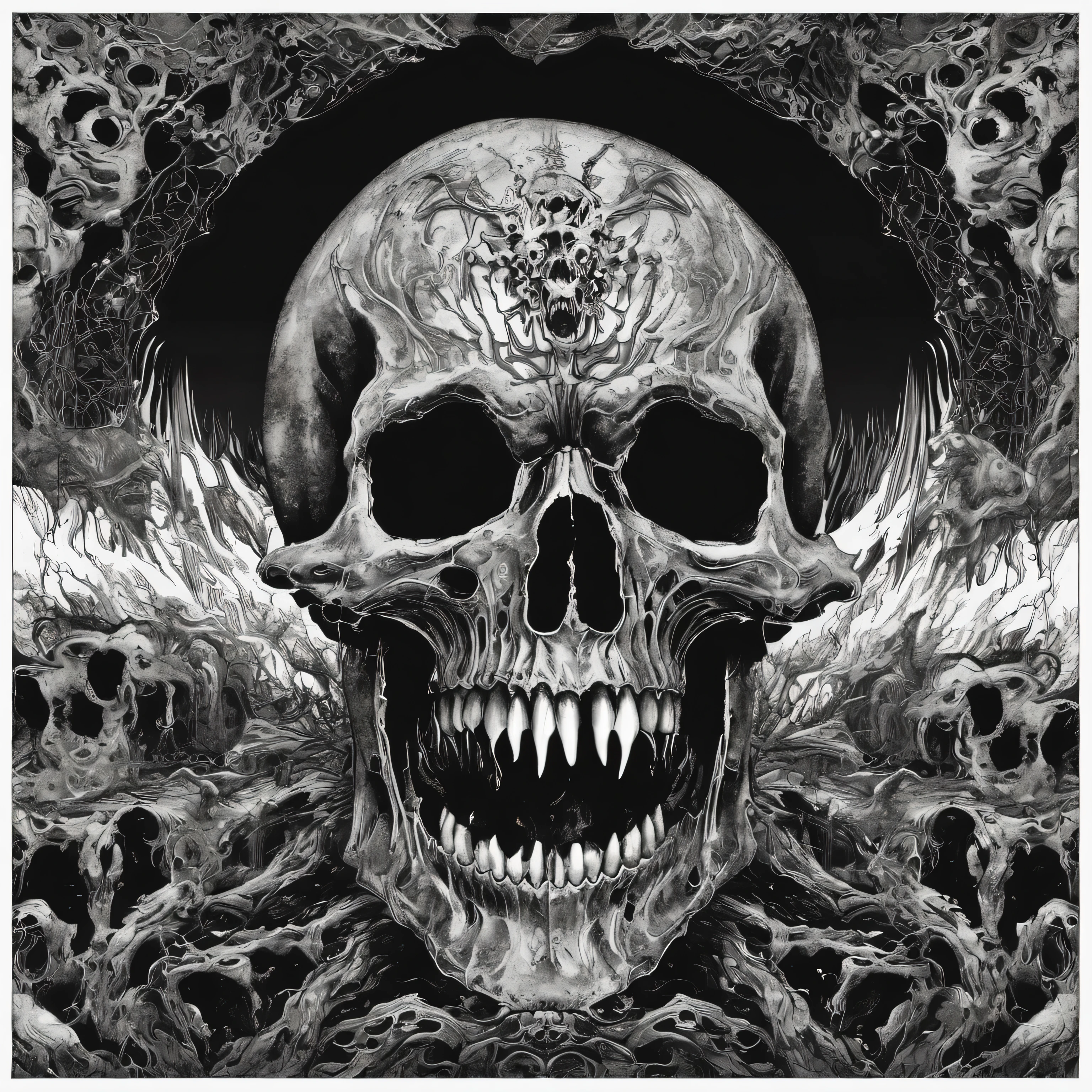 an art of a cd cover of a black metal band with a screaming skull in the background, the colors are black and white, the style of the art is demonic and surreal 