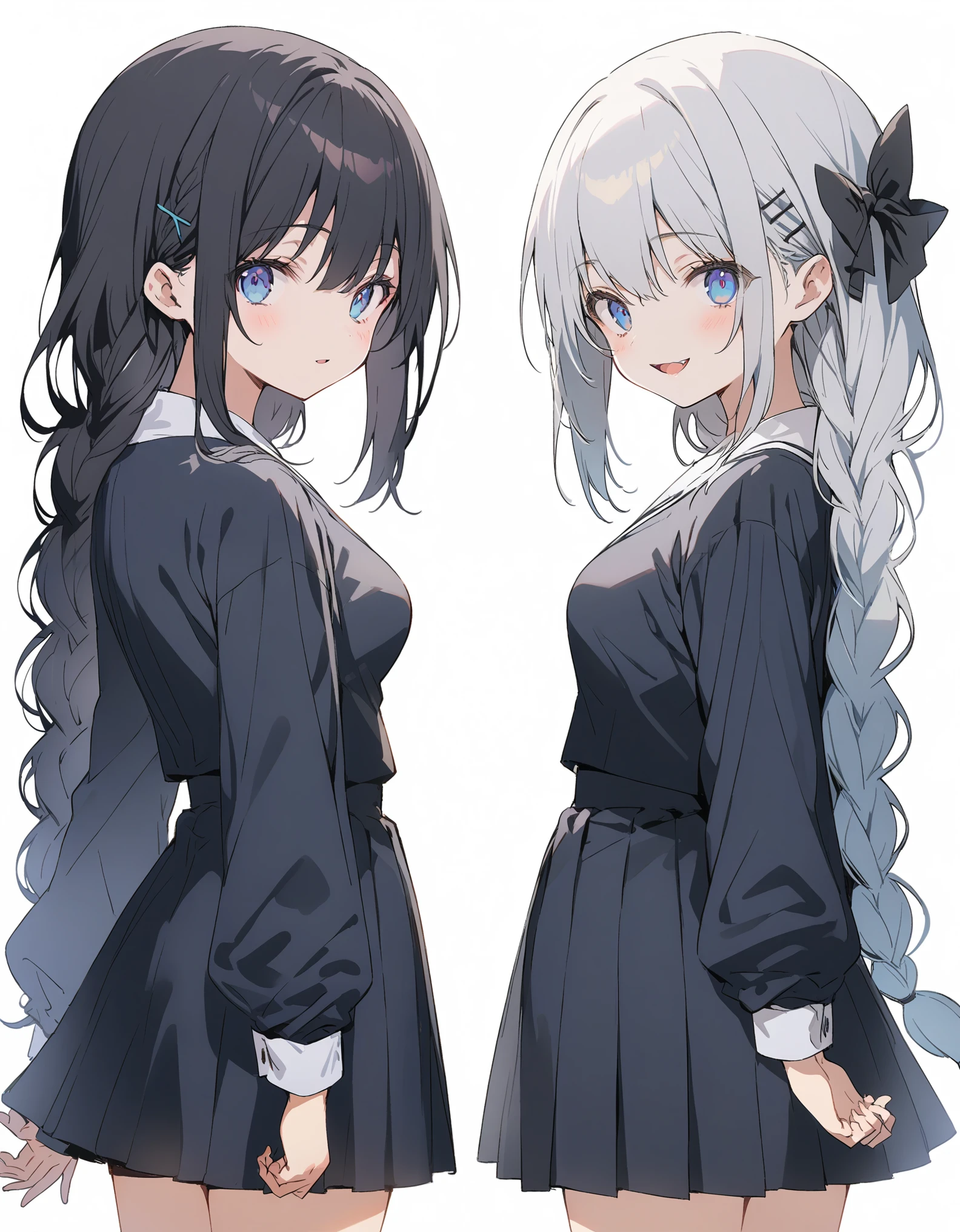White background、Solid white background、Blank background、just standing girl, One Girl、arms behind back、Put your hands behind your back、Hide your hands、Ultra-high resolution, highest quality,fish-bone braid hair、Fishbone Hair、black hair、Upper body shot from the front,busty、beautiful detailed eyes、Black hair × Blue eyes、blue eyes、Open your mouth without showing your teeth、Smile with mouth wide open、 Black long sleeve blazer,Black pleated skirt、Knee-high socks、
