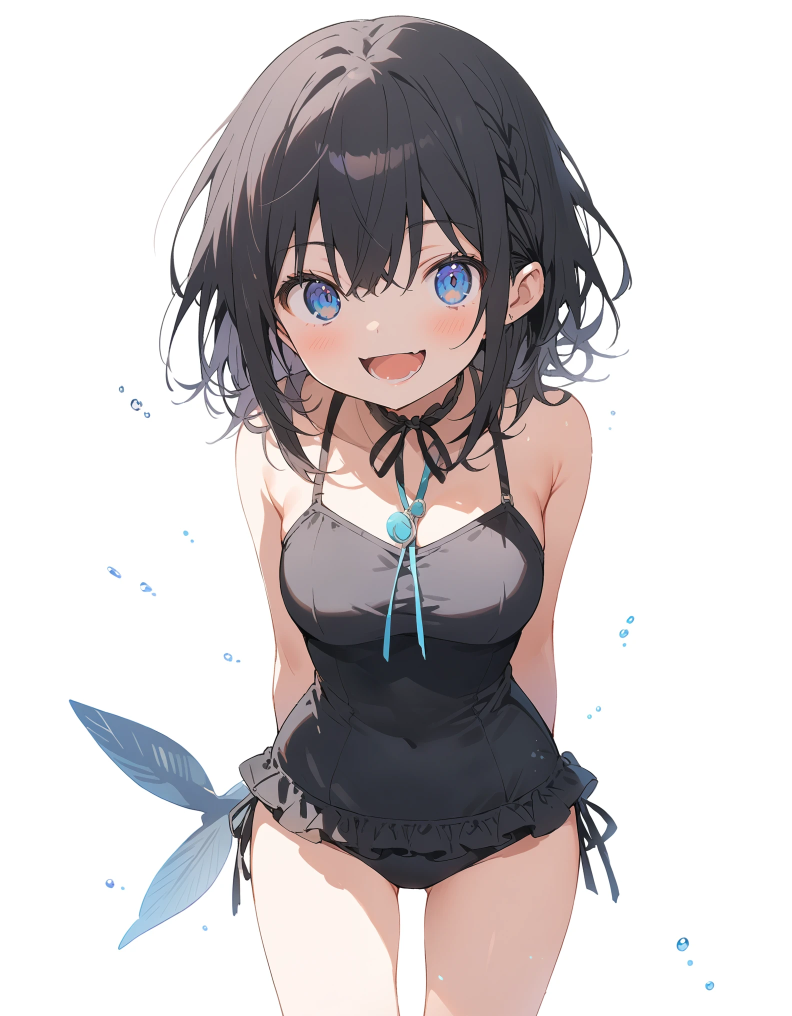 White background、Solid white background、Blank background、Ultra-high resolution, highest quality,Solo,just standing girl, One Girl、Full body shot from the front,arms behind back、Put your hands behind your back、Hide your hands、fish-bone braid hair、Fishbone Hair、black hair、busty、beautiful detailed eyes、Black hair × Blue eyes、blue eyes、Open your mouth without showing your teeth、Smile with mouth wide open、Ruffled swimsuit,Black Bikini、barefoot