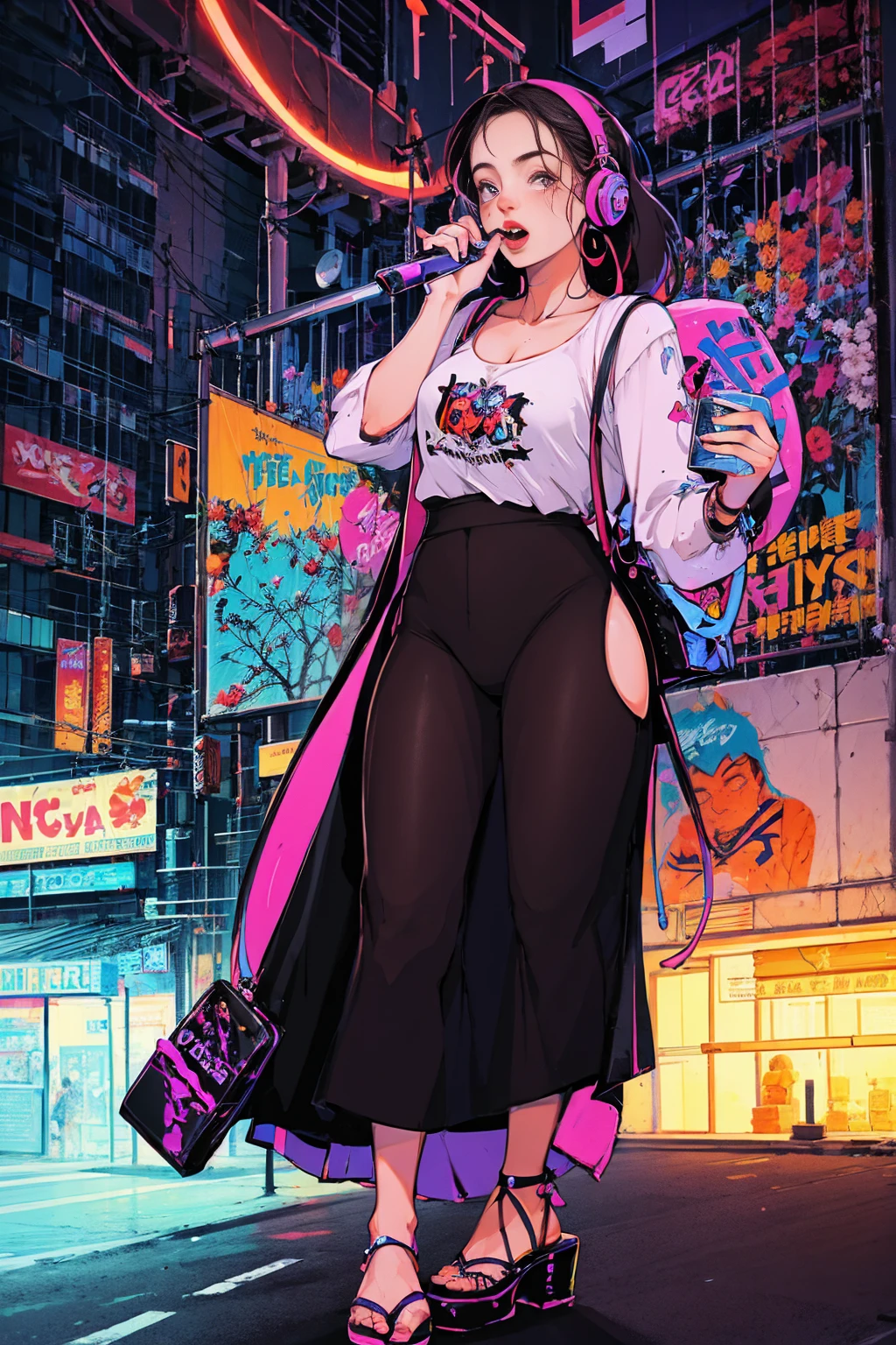 (high resolution:1.2),ultra detallado,realista,Sharp focus,vistoso,Paredes cubiertas de graffiti,street hastaist girl,ropa vibrante,cantando apasionadamente,energy efficiency,street hasta backdrop,urban atmosphere,escena callejera bulliciosa,ajetreo y bullicio, expresiones faciales expresivas, dynamic pose, accesorios originales, confident stage presence, attention-grabbing fashion style, unique street style, vida nocturna de la ciudad, neon lights illuminating, cultura de la moda callejera, youthful energy, multitud gritando, vibras positivas, hasta, zapatillas con estilo, cultura del graffiti urbano, calles salpicadas de pintura, escaparate del talento urbano, vivid colors, imagenes llamativas, alto energy efficiency, Electric atmosphere, musical expression, Estilo de vida urbano