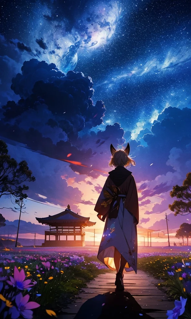 1people々々々々々々々々,Woman with medium length blonde hair,Fox Ears,Long coat,Takageta, Dress Silhouette, Rear View,Space Sky, Flower Field,Colorful flowers,Dancing Petals,full moon,shrine,