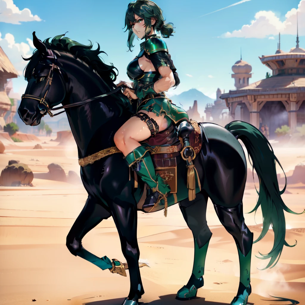 ((best quality)), ((anime masterpiece)), (detailed), cinematic lighting, vivid color, 8k, perfect face, medium breast, a female knight riding a walking black horse on desert, (medium hair, hair, above shoulder,{green hair}, green armor, blue miniskirt, blue boots, sweating face), (black horse {black hair}, saddle, stirups, reins: 1.5)++, heat, scenery, from side: 1.5, perfect anatomically: 1.2,