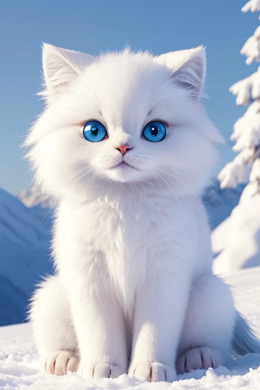 fluffy white animal, with crystal fur, shiny fur, big eyes. sitting in the snow. stylization,hyperdetalization,large polans