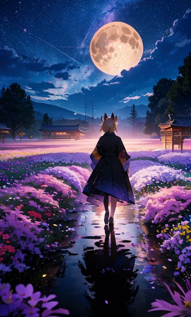 1people々々々々々々々々,Woman with medium length blonde hair,Fox Ears,Long coat,Takageta, Dress Silhouette, Rear View,Space Sky, Flower Field,Colorful flowers,Dancing Petals,full moon,shrine,