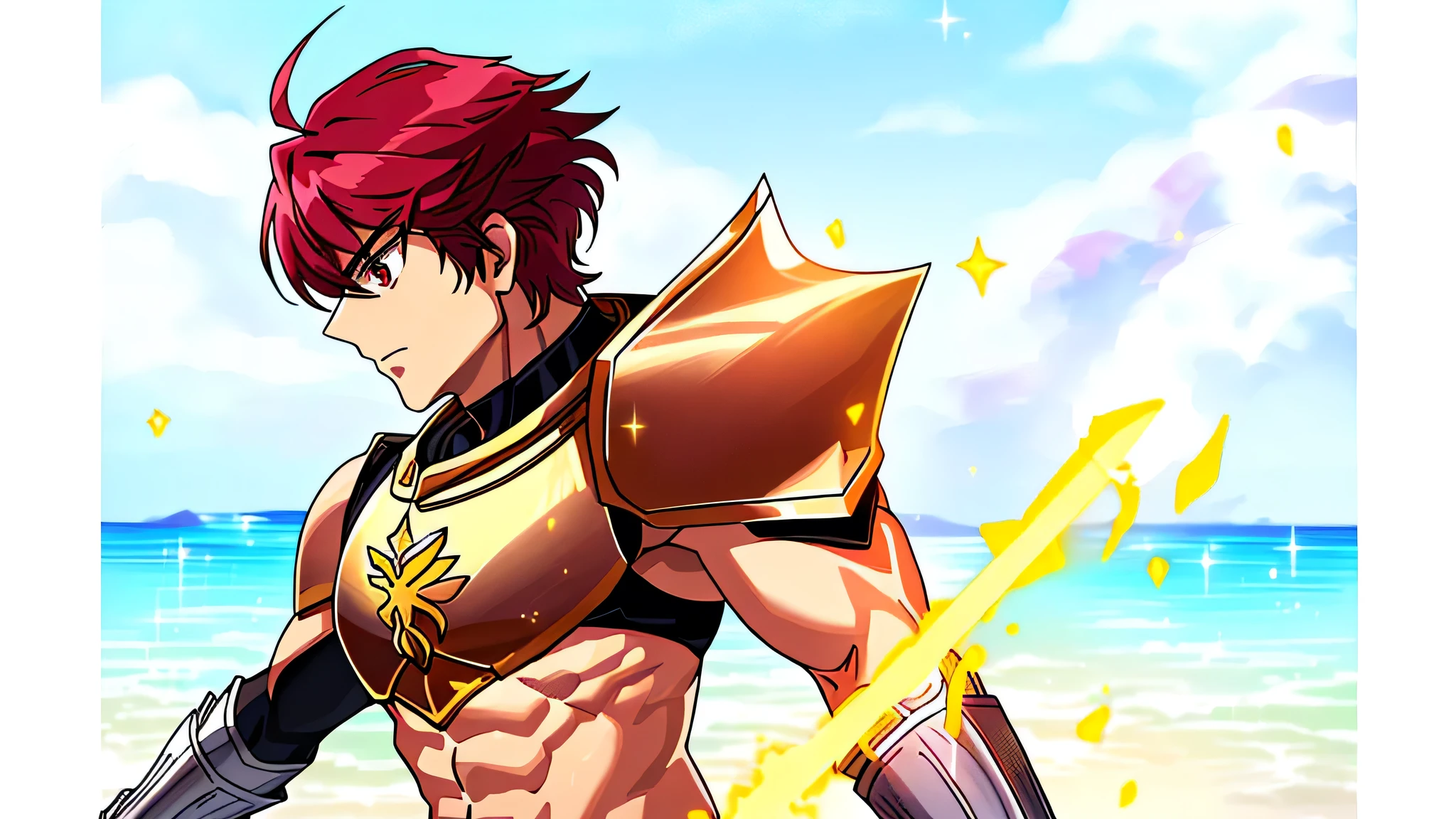 Close up portrait of man in black bikini costume holding sword, Knight of Zodiac Boy, Portrait of Zodiac Boy Knight, Boy with short red hair, Brown eyed boy, Muscular man, Masculine and muscular, In garnet armor, Bikini Armor Boy, Boy wearing a belly-baring costume, The enchanting Prince Knight, Smooth anime CG art, Prince Knight, Galactic Prince, Big muscles, armored bikini, in a triangle bikini bottom, Prince of Garnet, Garnet reflective armor, armored bikini top, Crystal Garnet Armor, bikini bottom with an black, Digital Manga Art, shoulders plate, High quality anime art style,