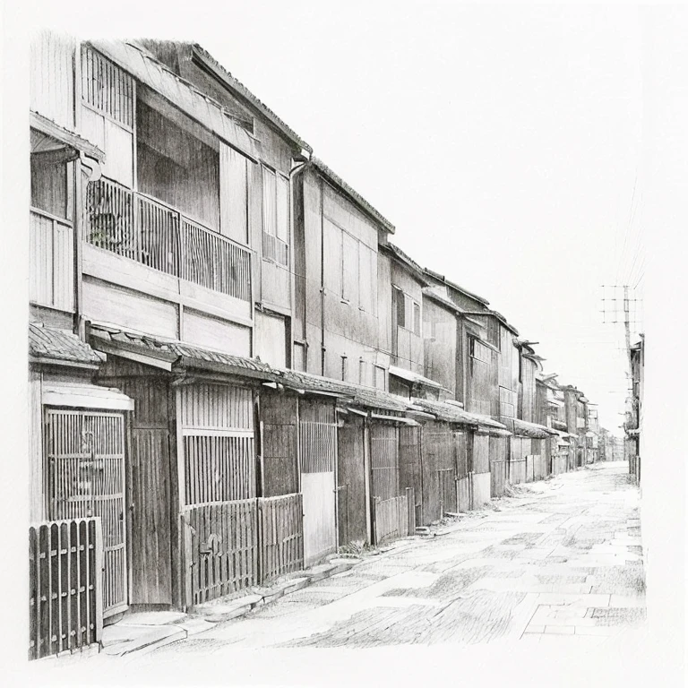 Drawing of a street with buildings and fences, by Fujishima Takeji, by Takahashi Yuichi, Written by Shunsen Katsukawa, by Tomioka Tessai, inspired Written by Shunsen Katsukawa, by Ayako Rokkaku, by Kawai Gyokudō, by Naomichi Nakamura, Written by Fujiwara Nobumi