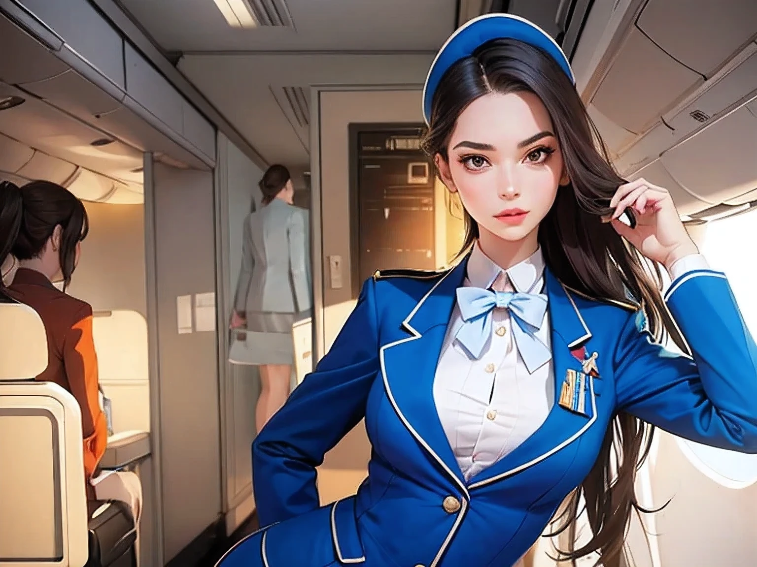 superflat, flat shading, flat colors, (masterpiece:1.2, best quality), a superb young woman, dressed as a sexy air hostess, ((on the plane:1.3))