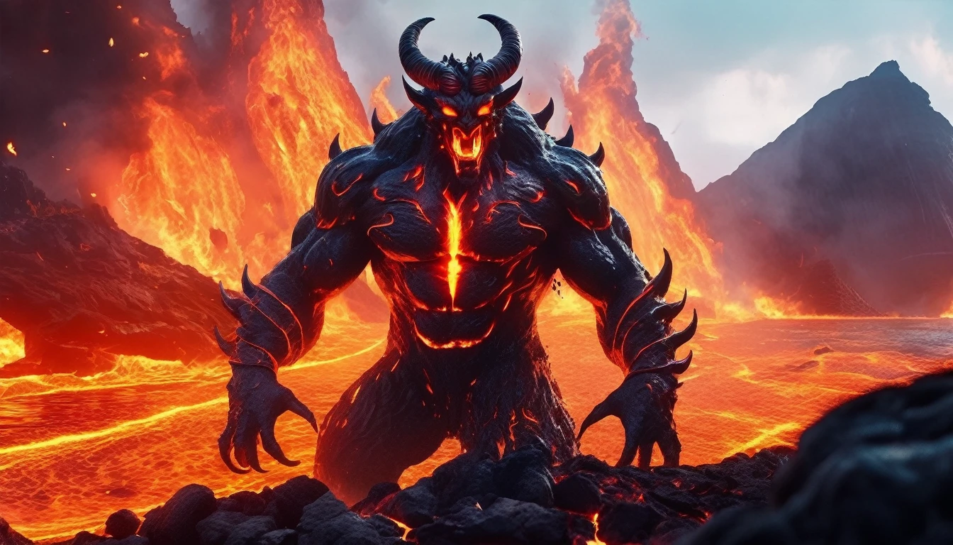 (best quality,absurdres), realistic, 8k, ultra-detailed, face medium close up, huge lava demon, demonic face, glowing eyes, horns, dangerous look, immersed in lava, swimming in lava, body immersed in hot lava fire element, lava pouring out of his hands creating new rivers of lava, the demon advances sowing destruction, body made of rocks and lava, in far background great vulcano, stand in front small city that he would destroy with lava, Cinematic Hollywood Film