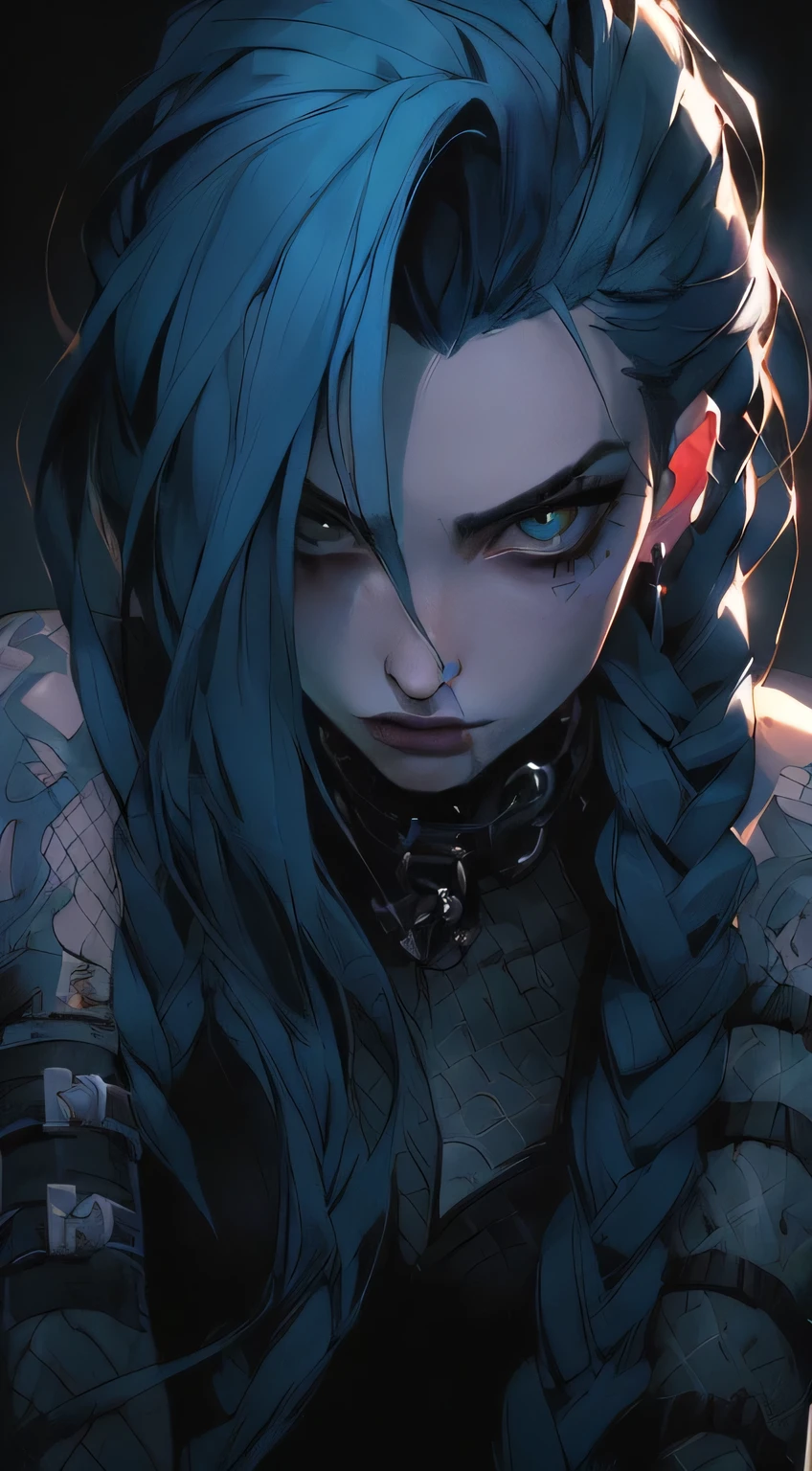 a close up of a person with blue hair and a chain around their neck, portrait of jinx from arcane, detailed digital anime art, artwork in the style of guweiz, extremely detailed artgerm, anime style 4 k, rossdraws 1. 0, badass anime 8 k, billie eilish as female loki, stunning anime face portrait