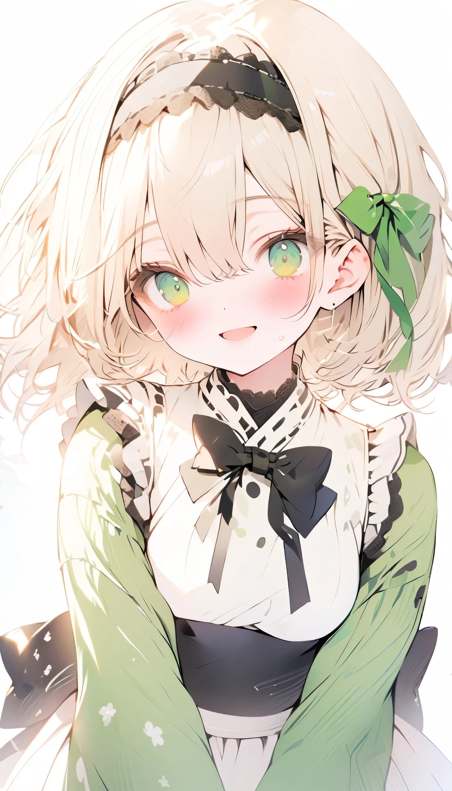 highest quality, masterpiece, High resolution, One person in, short_hair, green_ribbon, hairband, black_hairband, ribbon, Front hair, white_hair, Best, green_eye, green_Best,bow, blush, black_bow, One girl, black_bowtie, bowtie, Looking_in_Audience, Inflated_sleeve, green_eye, smile_face、Lightgreen Maid Kimono、Open_mouth、Sweat、Beautiful breasts