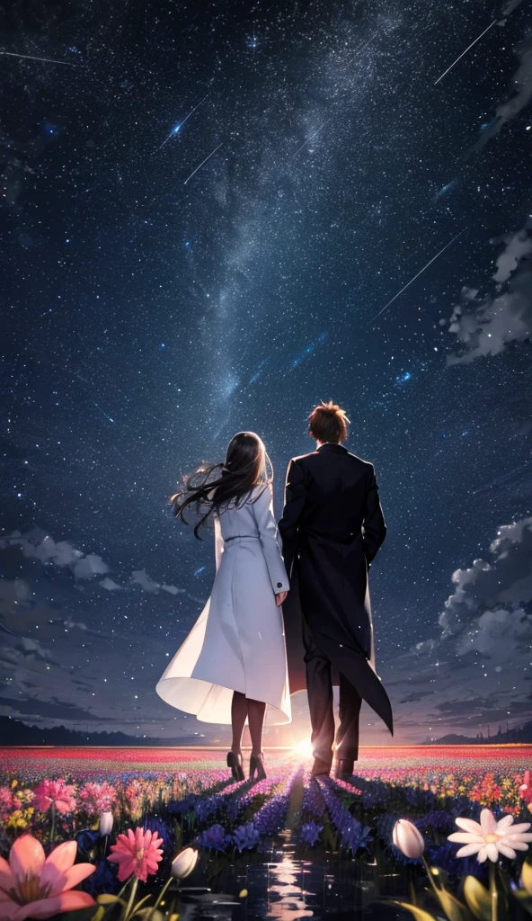 Starry Sky，Animated scene of a couple standing in a flower field,Back view，I can't see facial expressions，The man is wearing a long black coat，The woman is wearing a white long coat