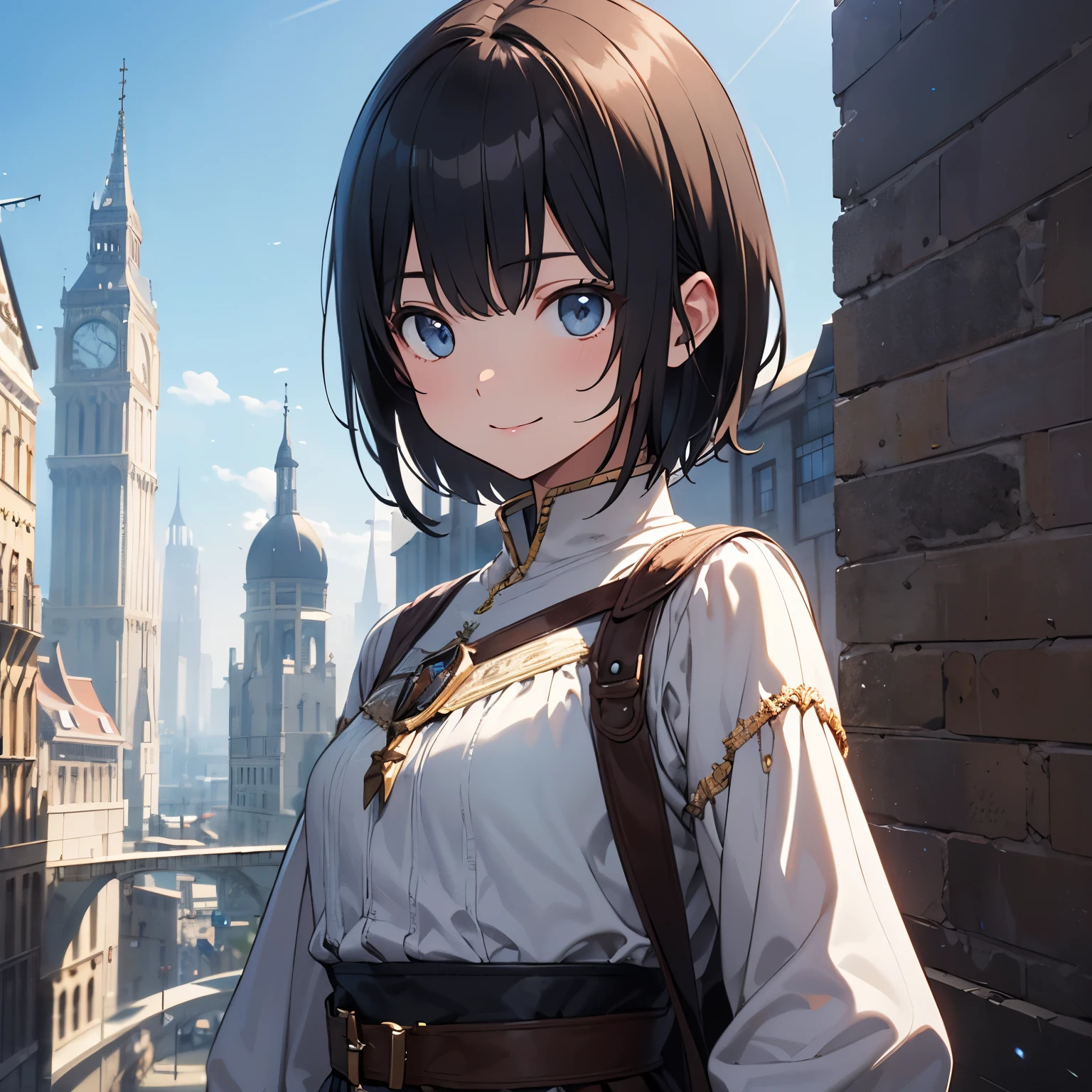 ((middle ages、Fantasy))、{{masterpiece, highest quality, Highly detailed CG, 8k wallpaper, 3D, Cinema Lighting、vivid}}、middle ages、Fantasy、Different world、Girl、Adventurer、Outdoor、City、Daytime、Daytime、rest、upper body、looking away、smile