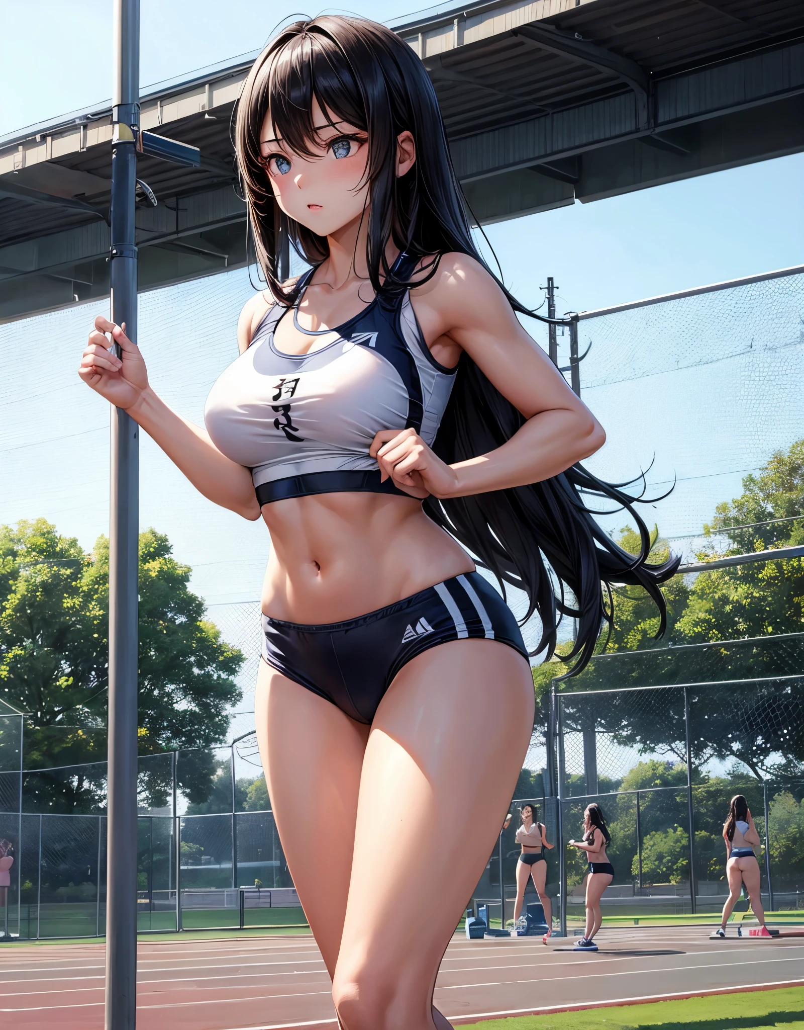 beautiful girl、Track and field athlete、Big Breasts、Black Hair、Long Hair、Sportswear Bra、Women&#39;s Racing Shorts、Sneakerarathon、Public road course、Outdoor、Abdominal muscleuscular、Sweating、running、The whole body is visible、towel