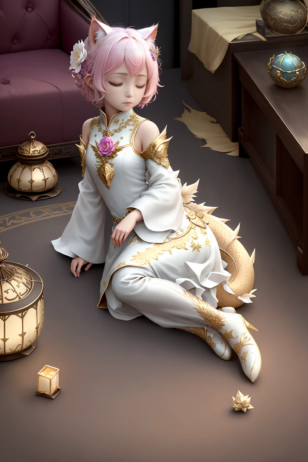 Faris Style, alone, hair ornaments, close your eyes, flower, wing, horn, Cat, white Cat, Dragon-Cat, hair flower, No humans, gem, Dragon, scale, eastern Dragon, Movie angle, Cinema Lighting, Shorthand, Depth of written boundary, Detailed Background, masterpiece, highest quality , Official Art ,