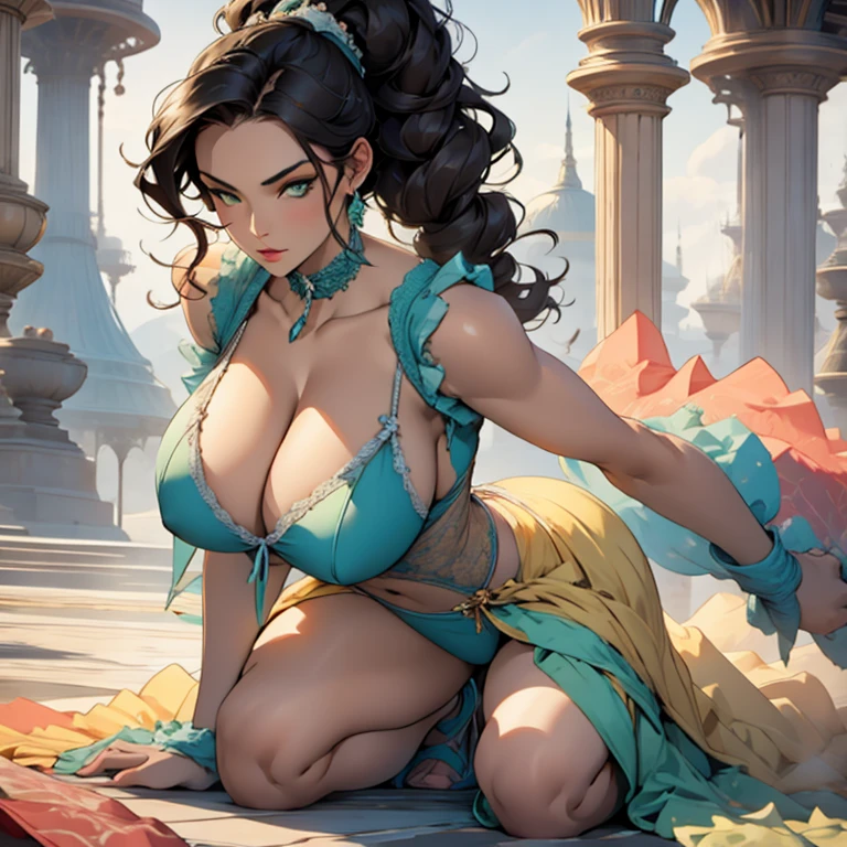 Sexy pose, black hair, green eyes, perfect body, big boob , pale skin,