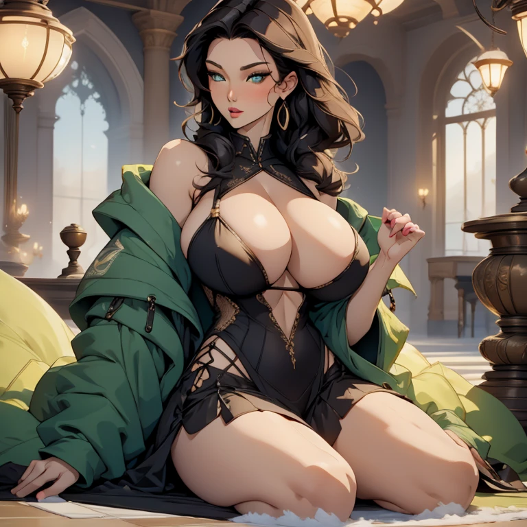 Sexy pose, black hair, green eyes, perfect body, big boob , pale skin, full body